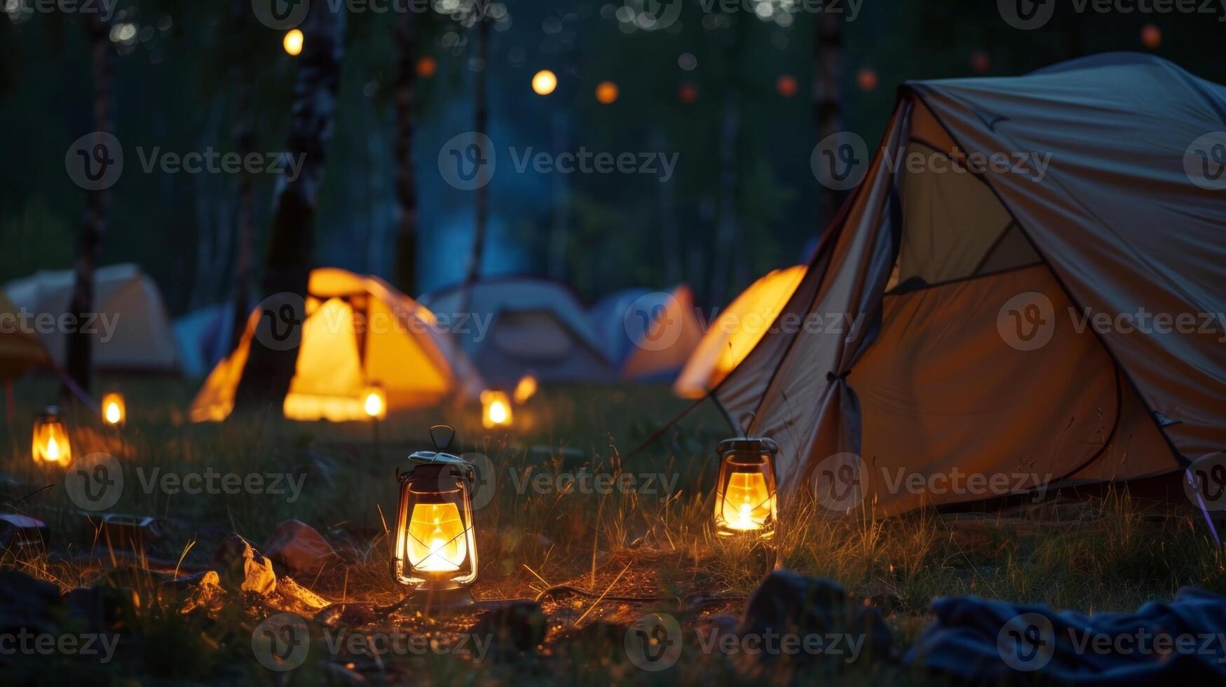 A campsite at night with tents lit up by solarpowered lanterns and campfires providing a cozy and ecofriendly atmosphere photo