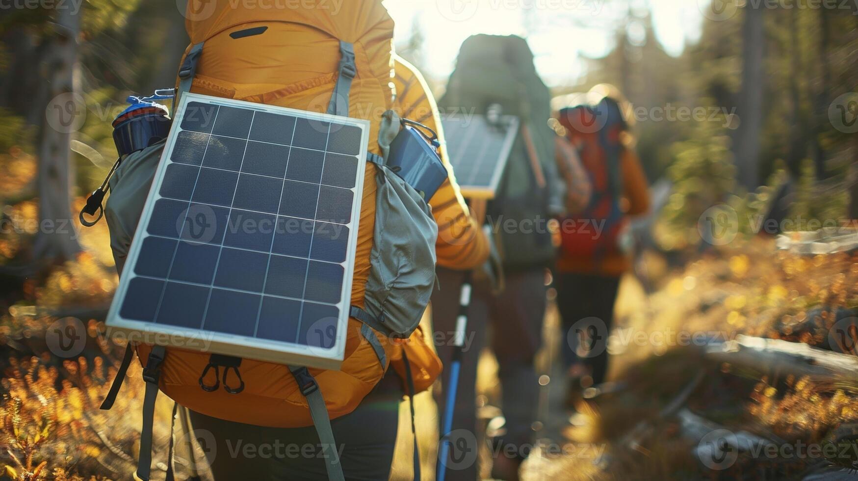 A group of hikers trekking through the wilderness each carrying a tent with solar panels attached to their backpacks photo