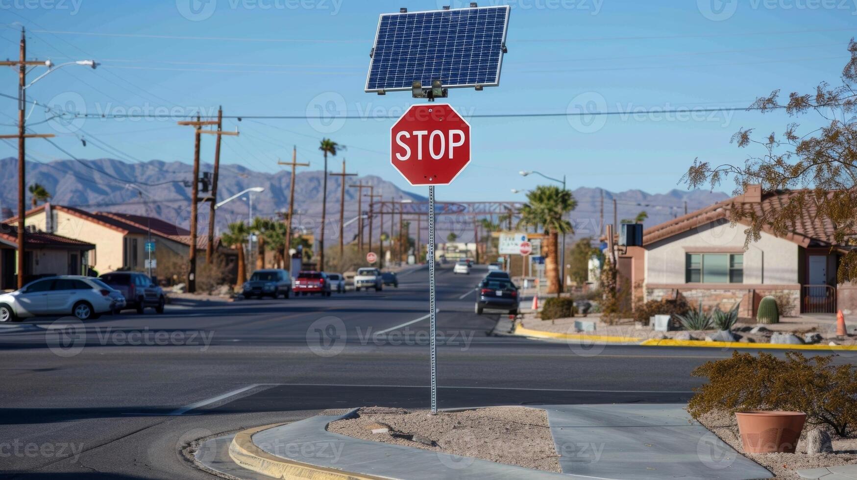 A large STOP sign at a busy intersection powered by a solar panel on top photo