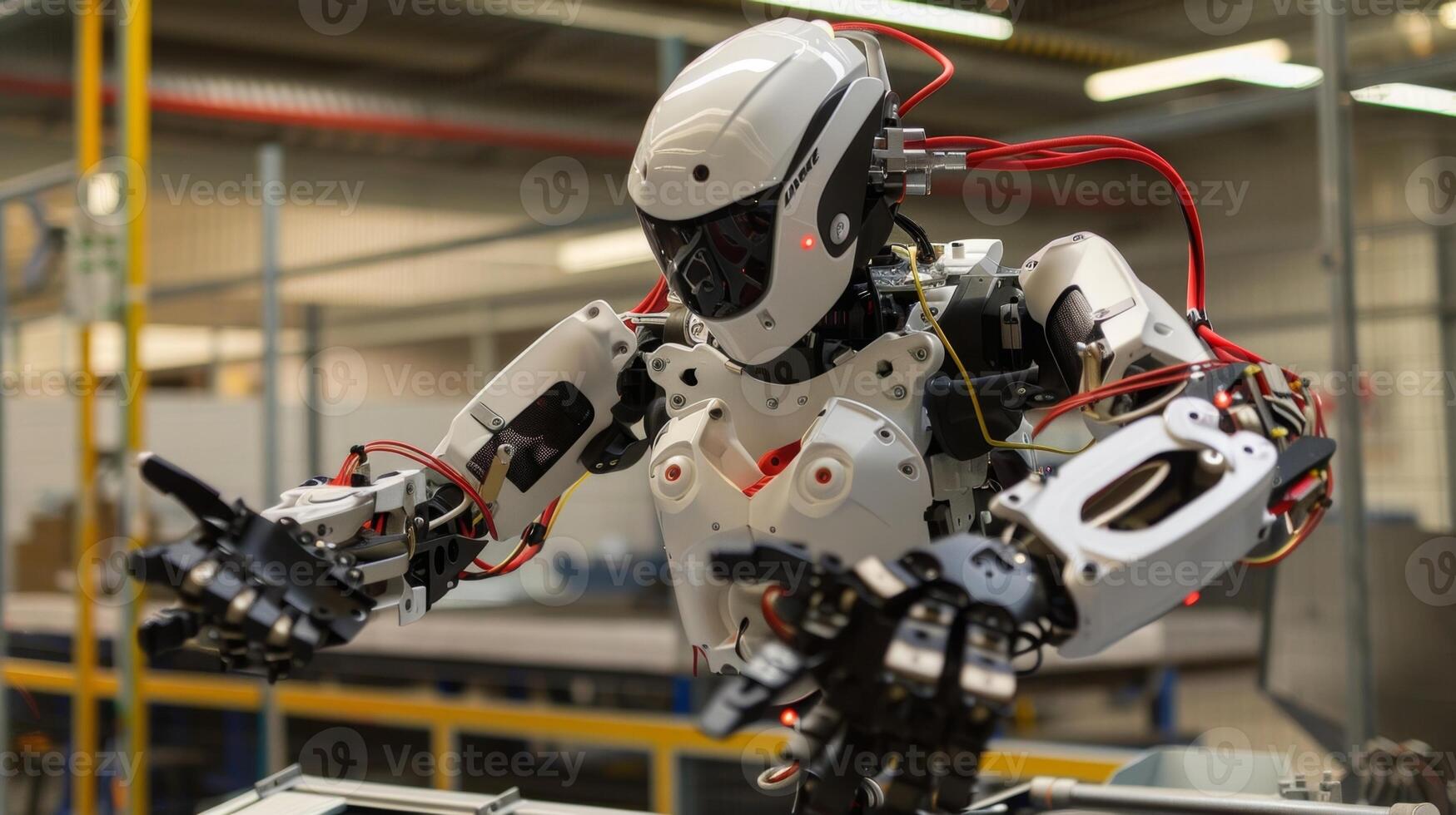 Robots with solarpowered limbs effortlessly carrying heavy materials around the factory floor photo