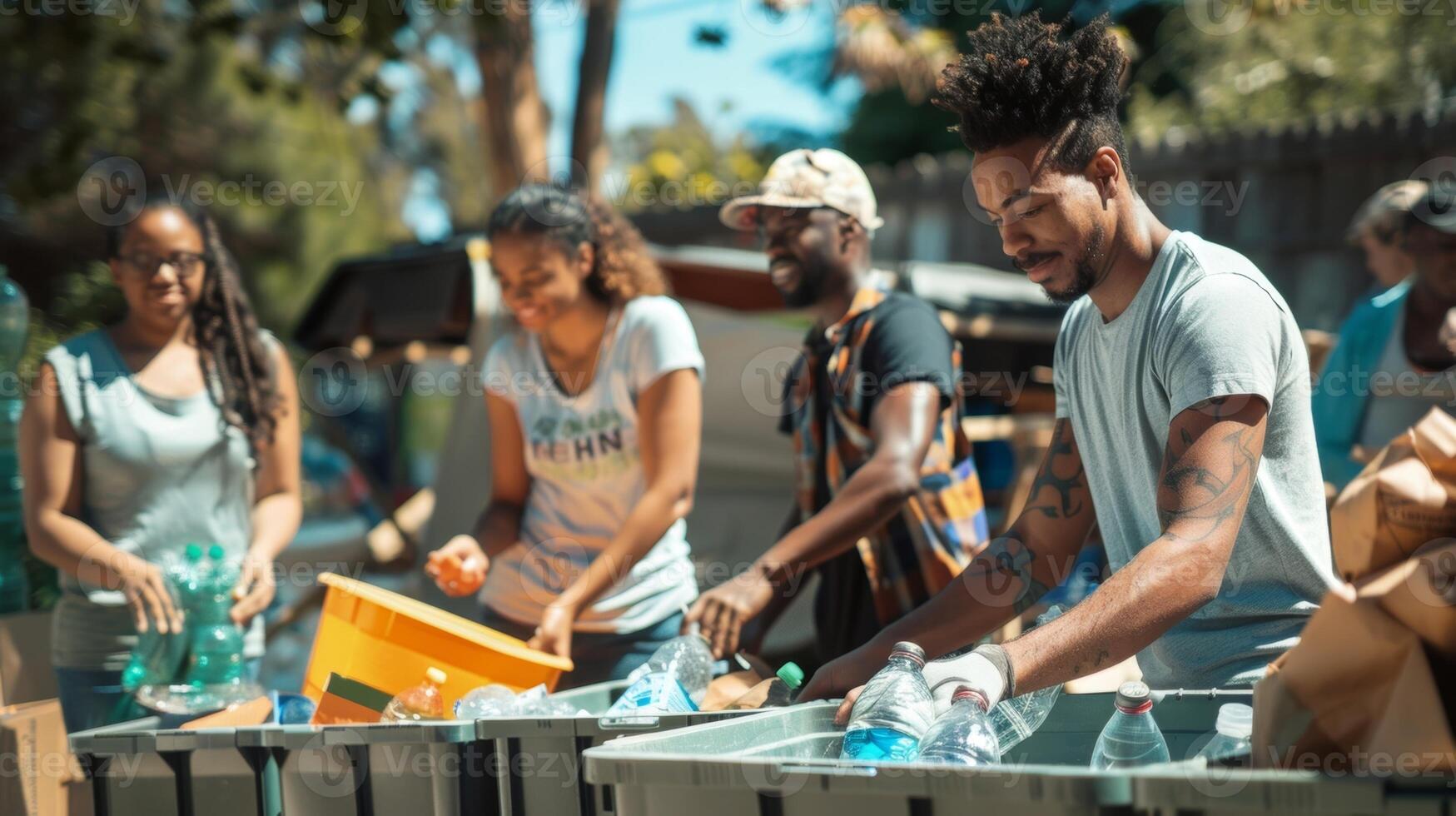 A diverse group of people dropping off their recyclables at a solar powered center promoting sustainable living photo