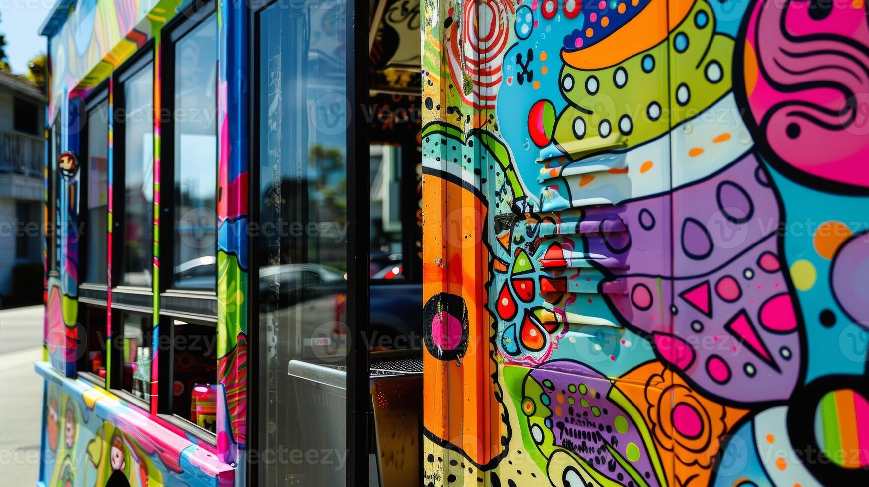The vibrant artwork on the side of the solarpowered ice cream cart catches the eye of a passerby luring them in for a tasty treat photo