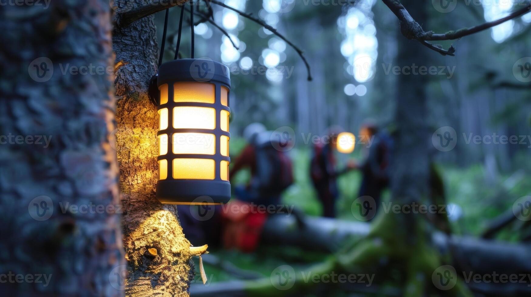 A closeup of a solar powered lantern hanging from a tree and providing a soft light for hikers to gather around and share stories photo