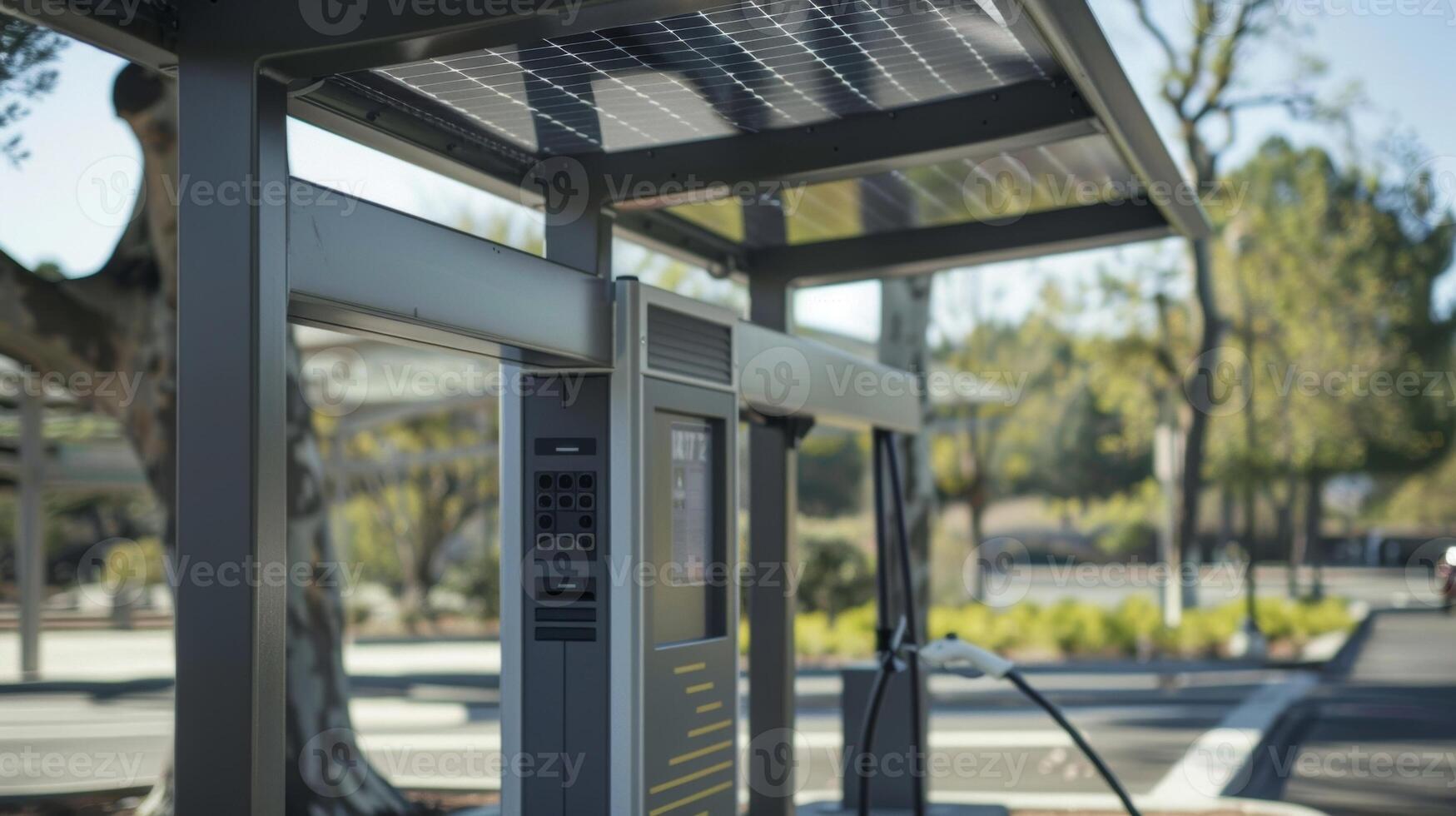 A detailed shot of a solar powered charging station highlighting its sy construction and simple design photo
