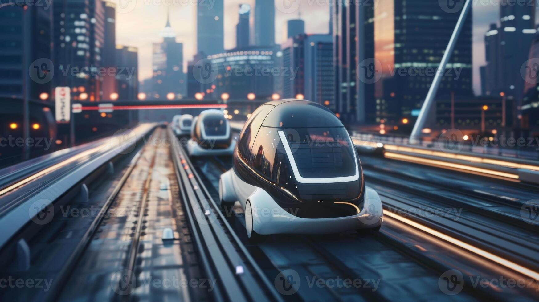 A city skyline with several autonomous cars zooming across the streets powered by the citys many solarpowered charging stations photo