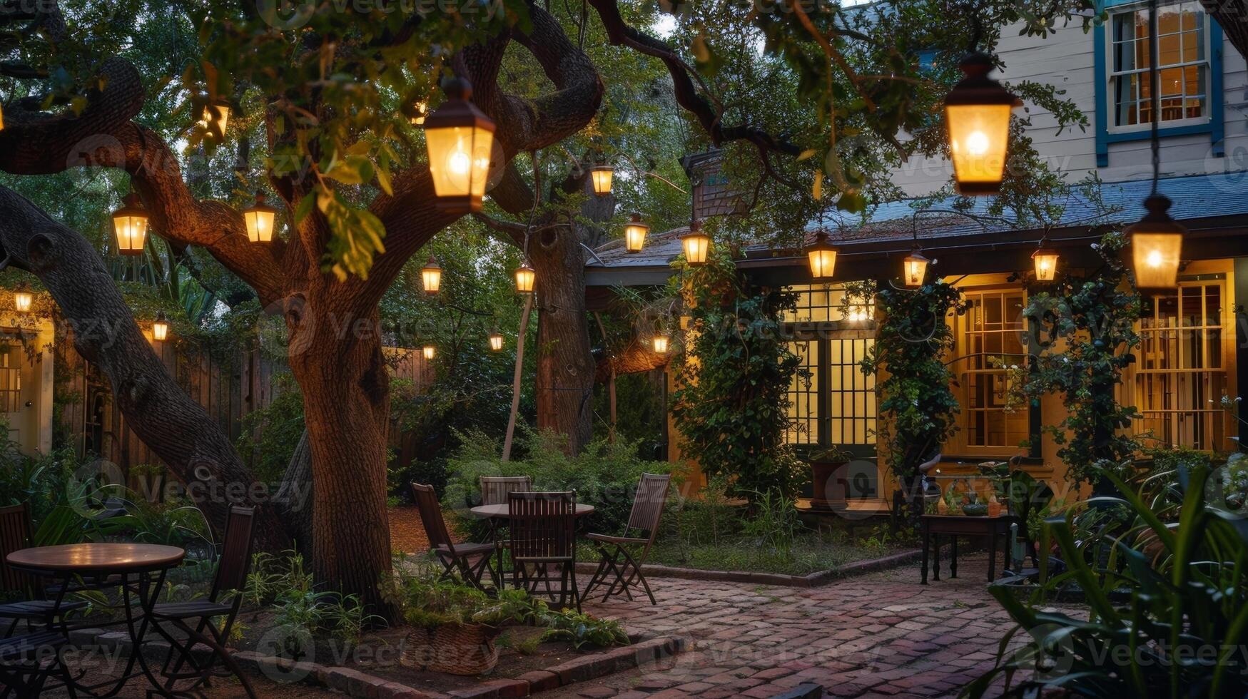 A peaceful courtyard at a historic inn softly lit by solar lanterns hanging from the trees above photo
