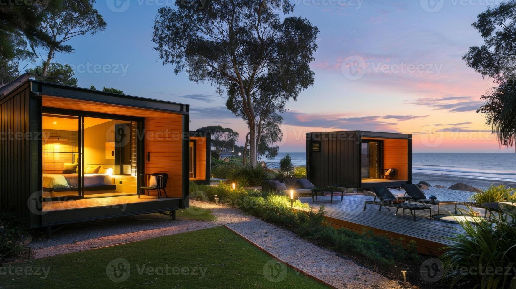 The beach cabins sustainable design including solarpowered lighting and water heating allows guests to fully enjoy the stunning backdrop of the beach without causing harm to the photo