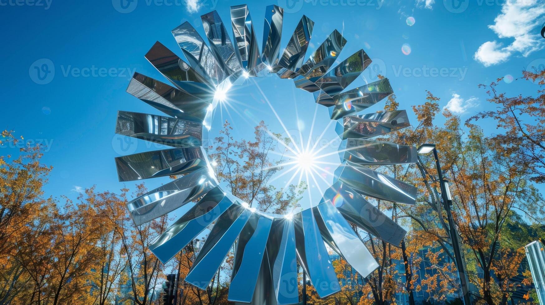 A giant rotating sunburst made of metal and glass standing tall in a public square and powered entirely by solar energy photo