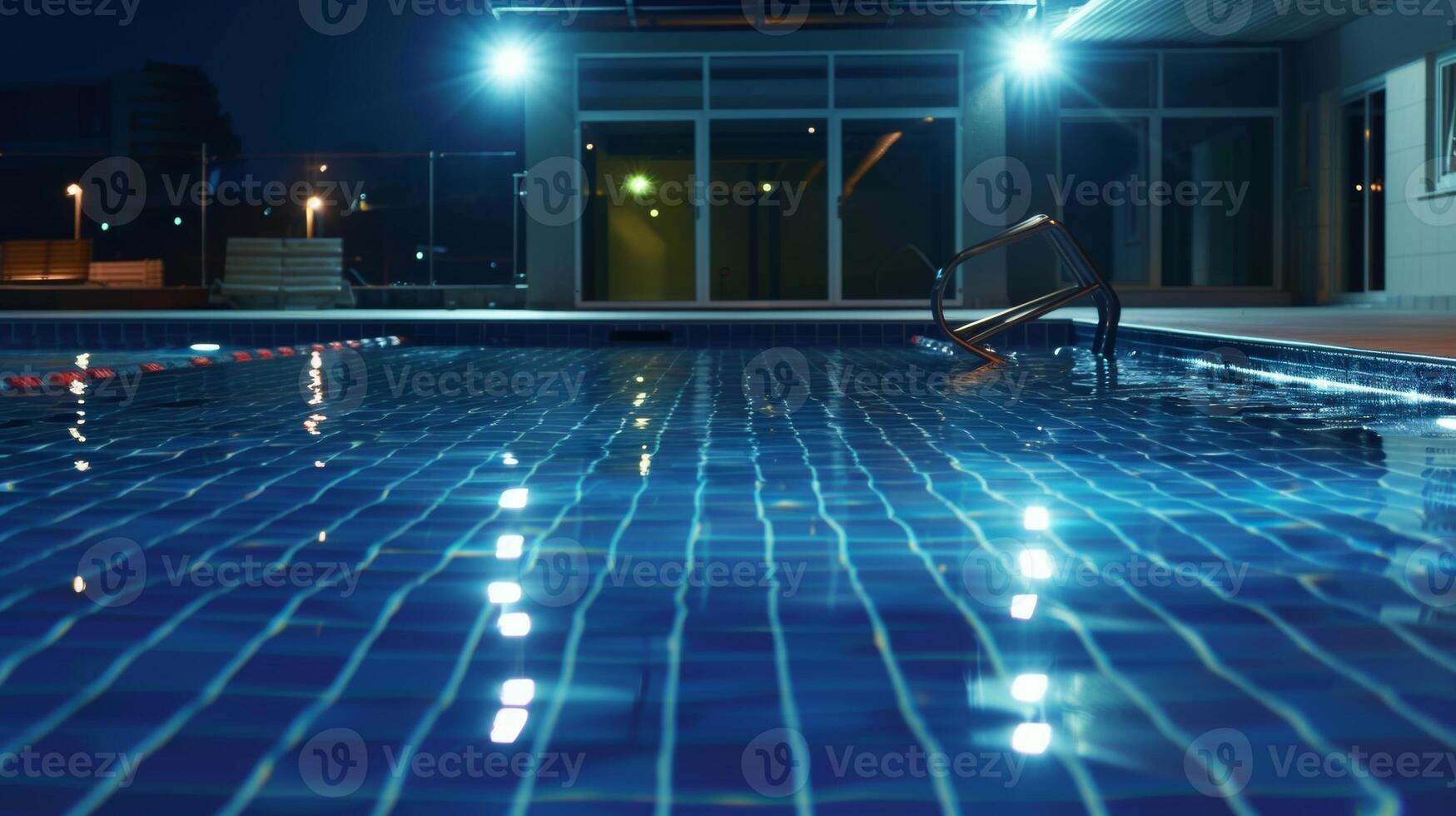 A swimming pool surrounded by solar panels powering the underwater lights for nighttime laps photo