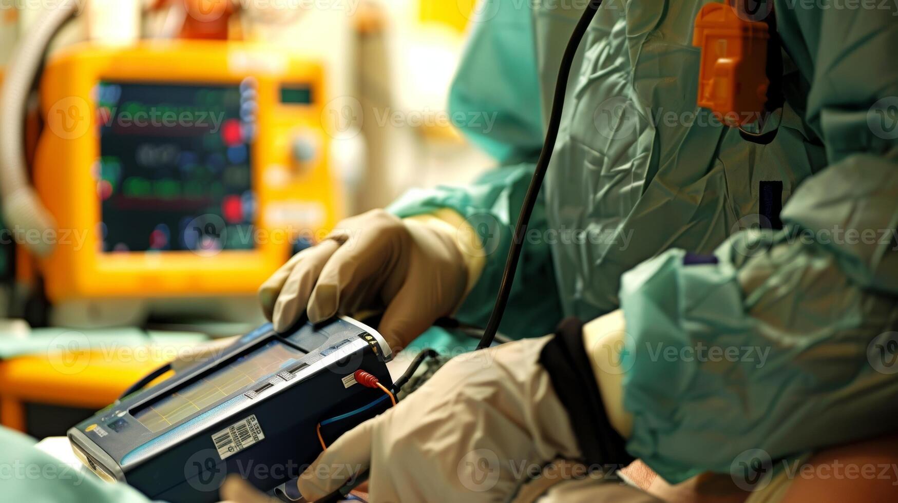 An emergency room doctor using a solarpowered defibrillator to save a patients life photo