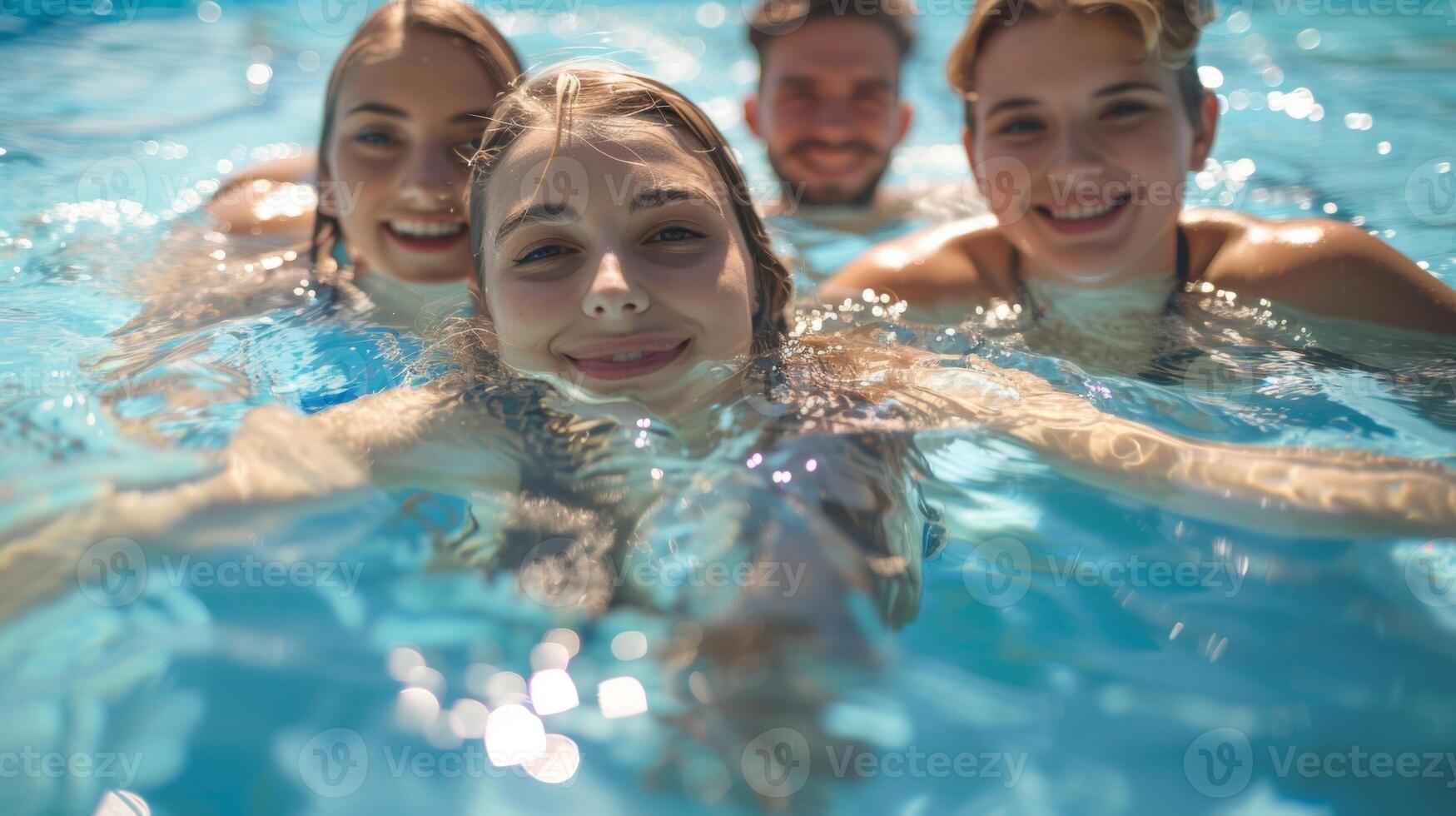 A group of friends enjoying a refreshing swim in their solarpowered pool with the added bonus of saving energy and reducing utility costs photo