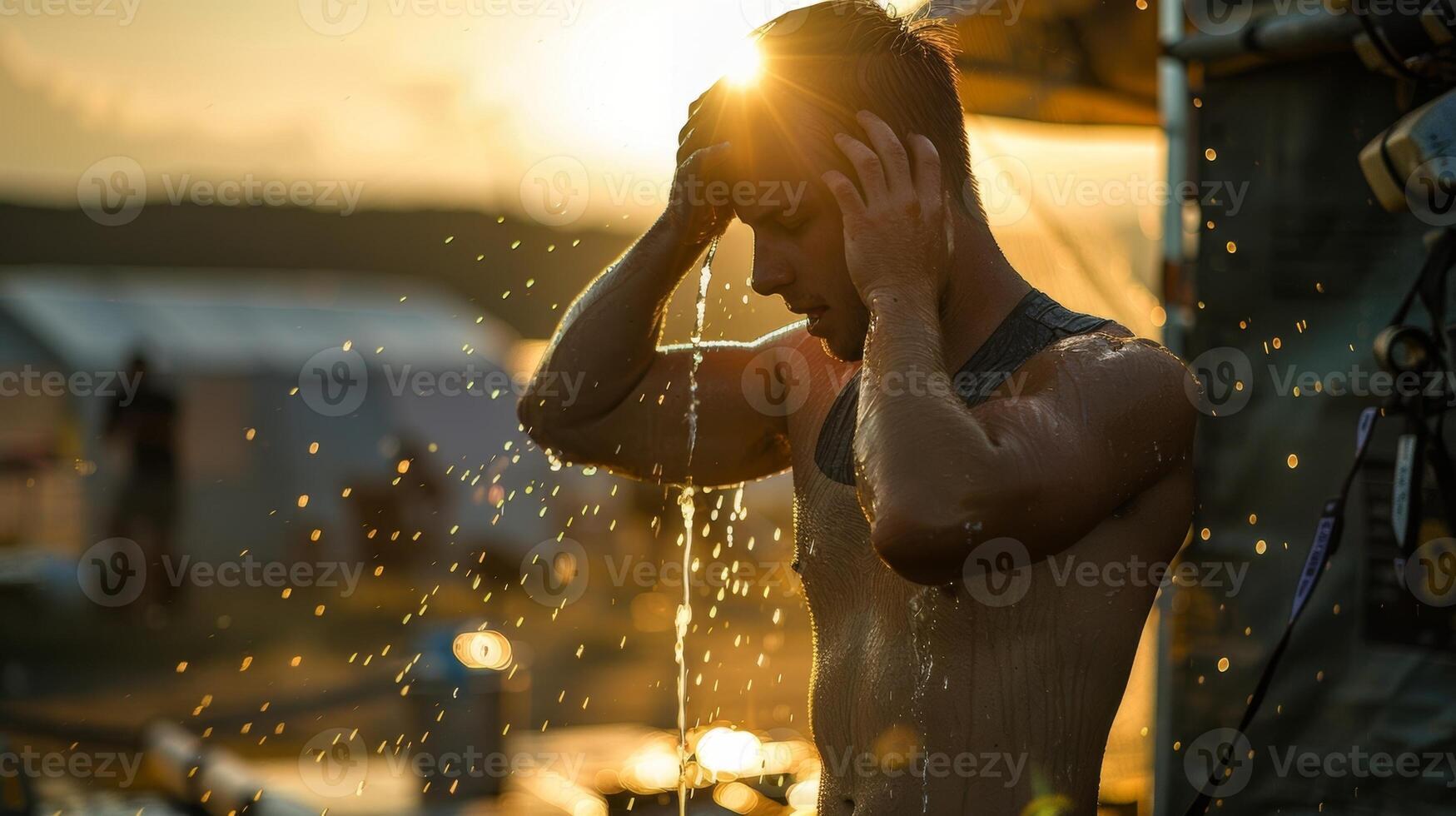 A man cooling off with water from a solarpowered hydration station after a challenging workout on solarpowered equipment photo