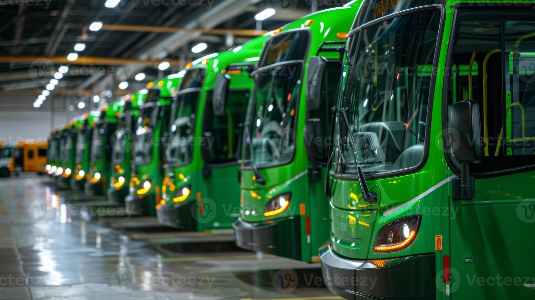 A fleet of electric buses sits inside the depot with their solarpowered batteries fully charged and ready for the days routes photo