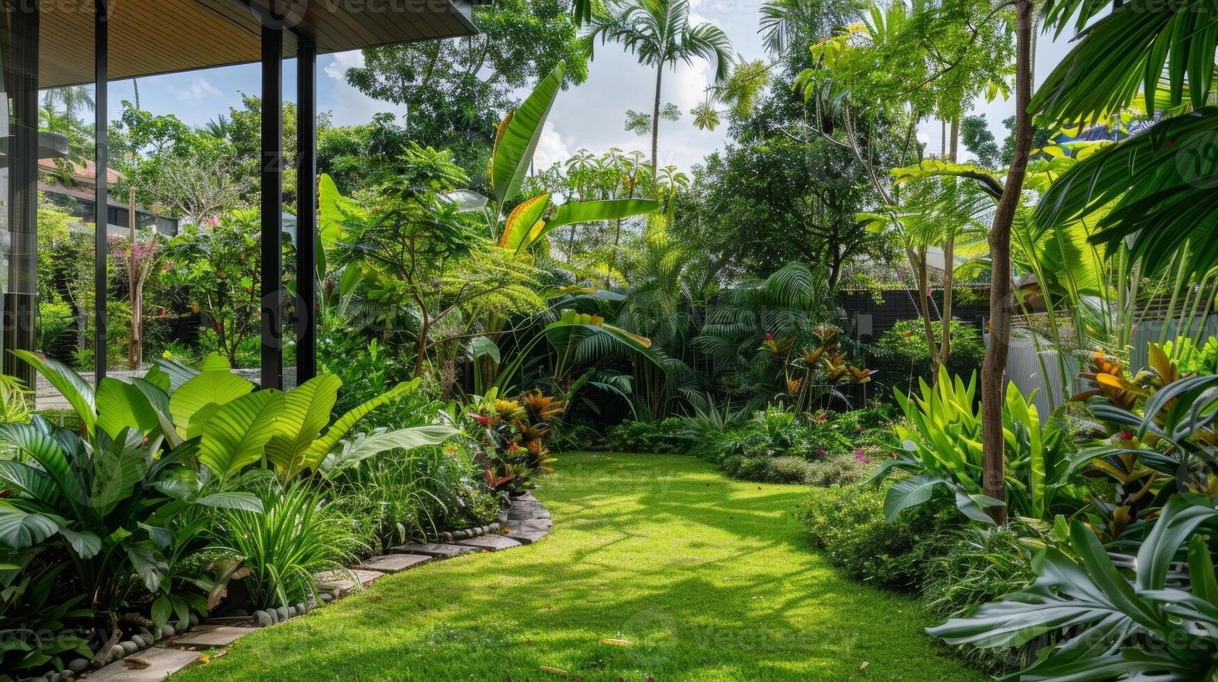 A lush green garden surrounds the house with a variety of native plants and trees photo