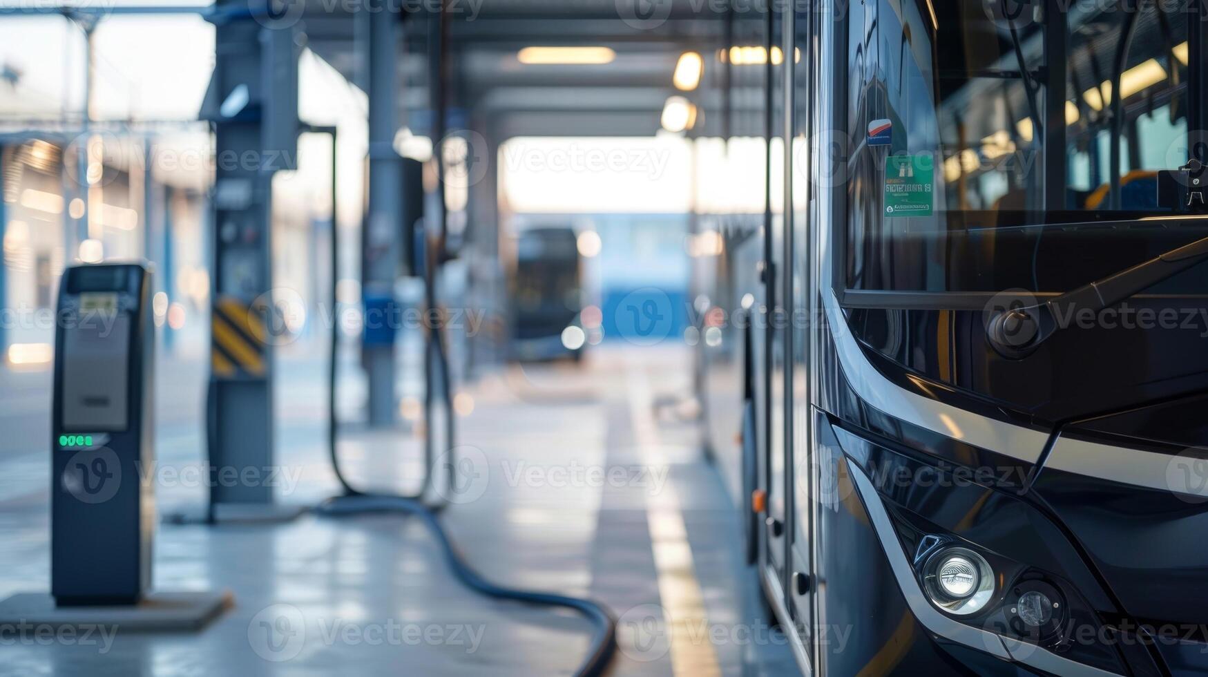 An electric bus enters the depot automatically connecting to the solarpowered charging station without emitting any harmful emissions photo
