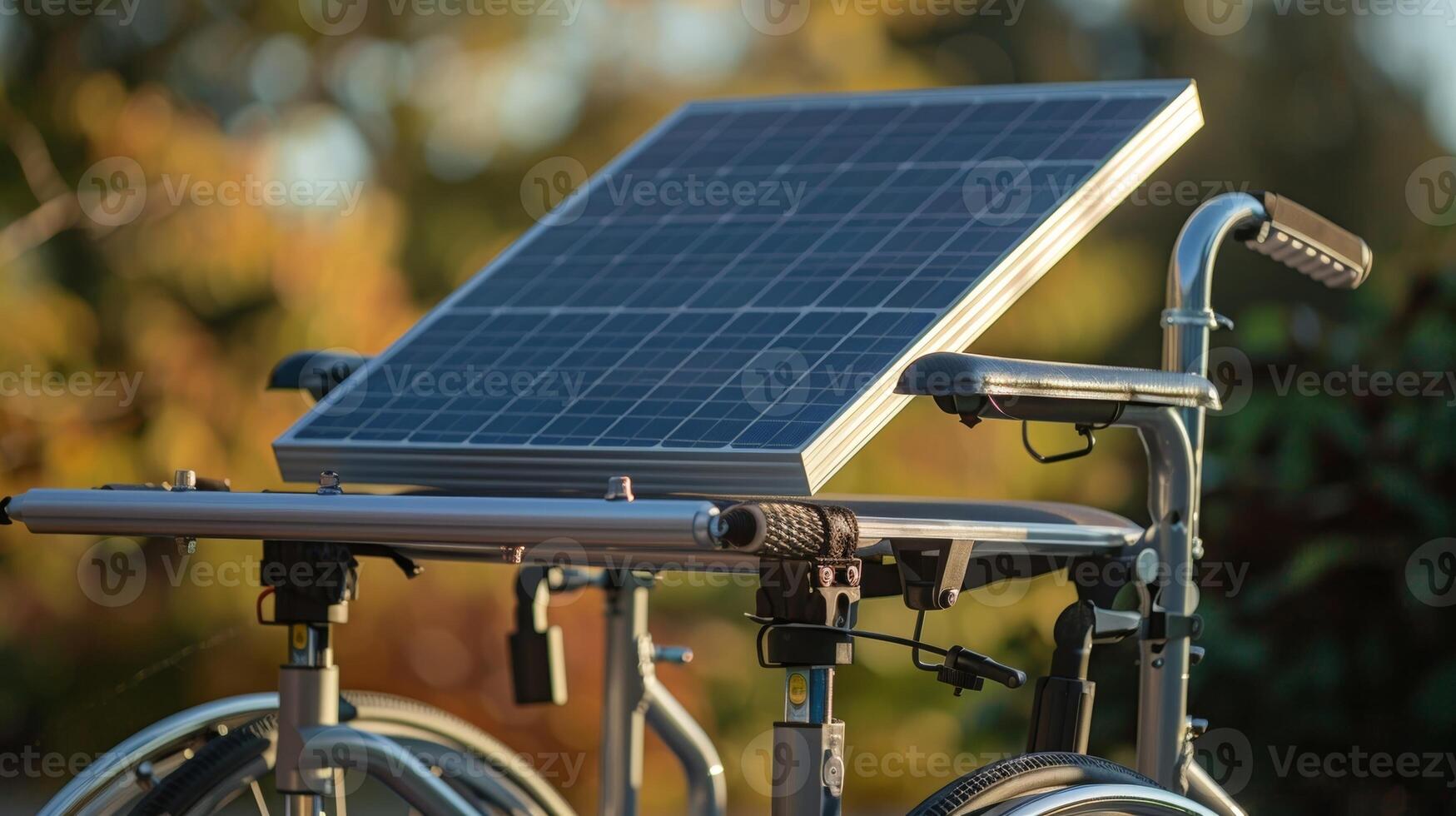 A closeup of a solar panel atop a charging station with the suns rays providing energy for wheelchair users photo