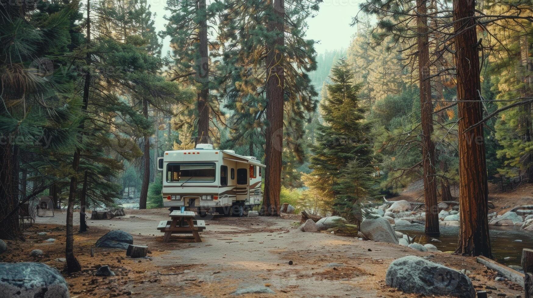 An RV parked in the middle of a peaceful forest with a solarpowered ice maker keeping drinks and food chilled photo