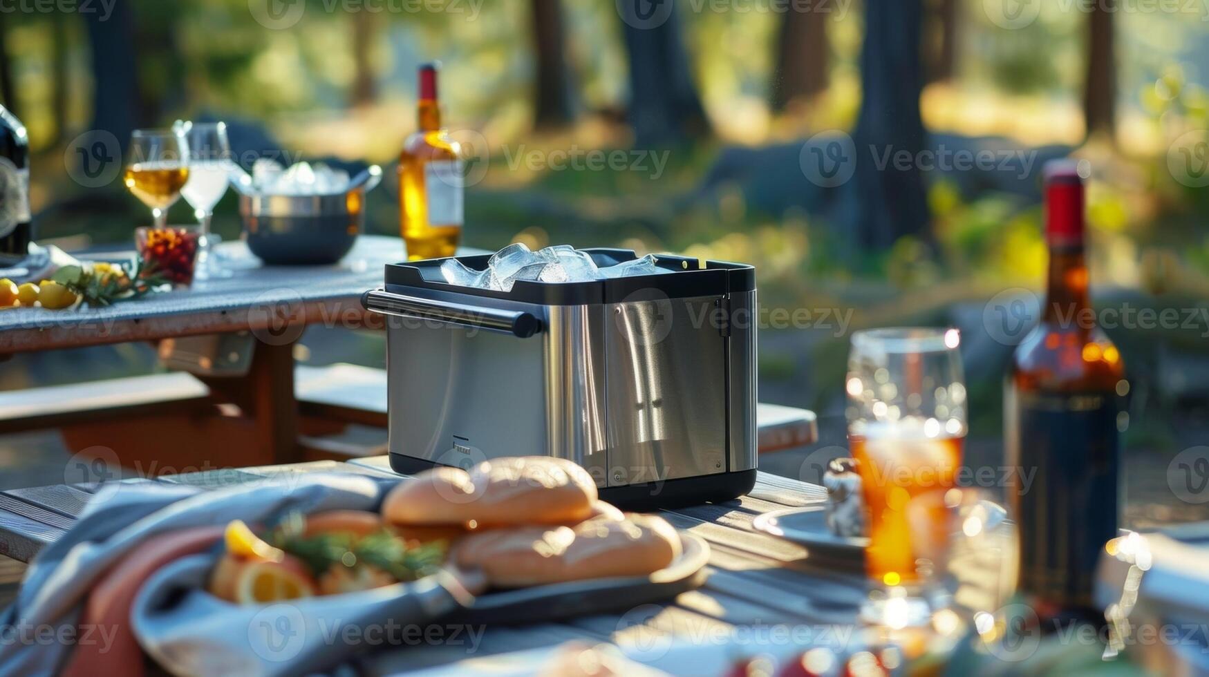 A backyard BBQ with a portable solarpowered ice maker on the picnic table keeping drinks cold for guests photo
