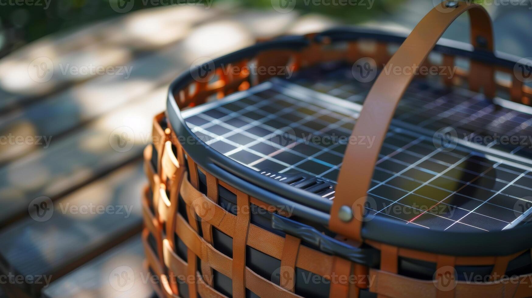 A modern picnic basket with a discreet solar panel integrated into the design making it effortless to charge devices onthego photo