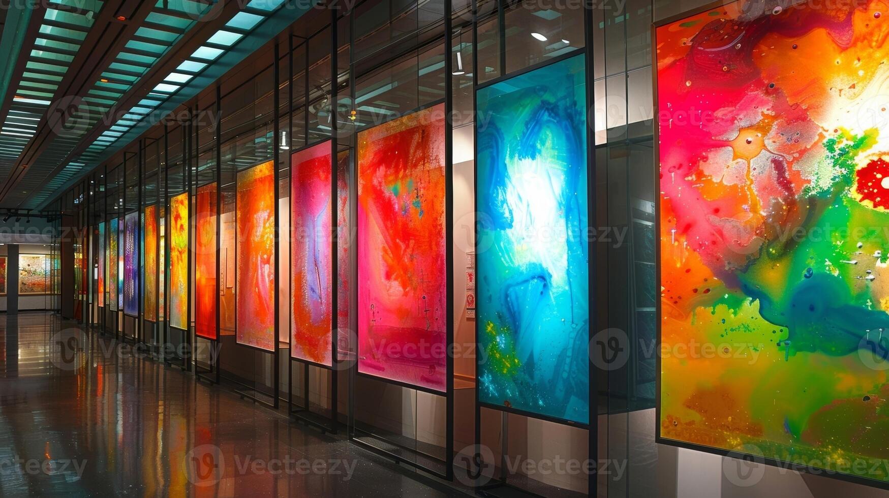 Colorful paintings on display in an indoor gallery lit by solarpowered skylights photo