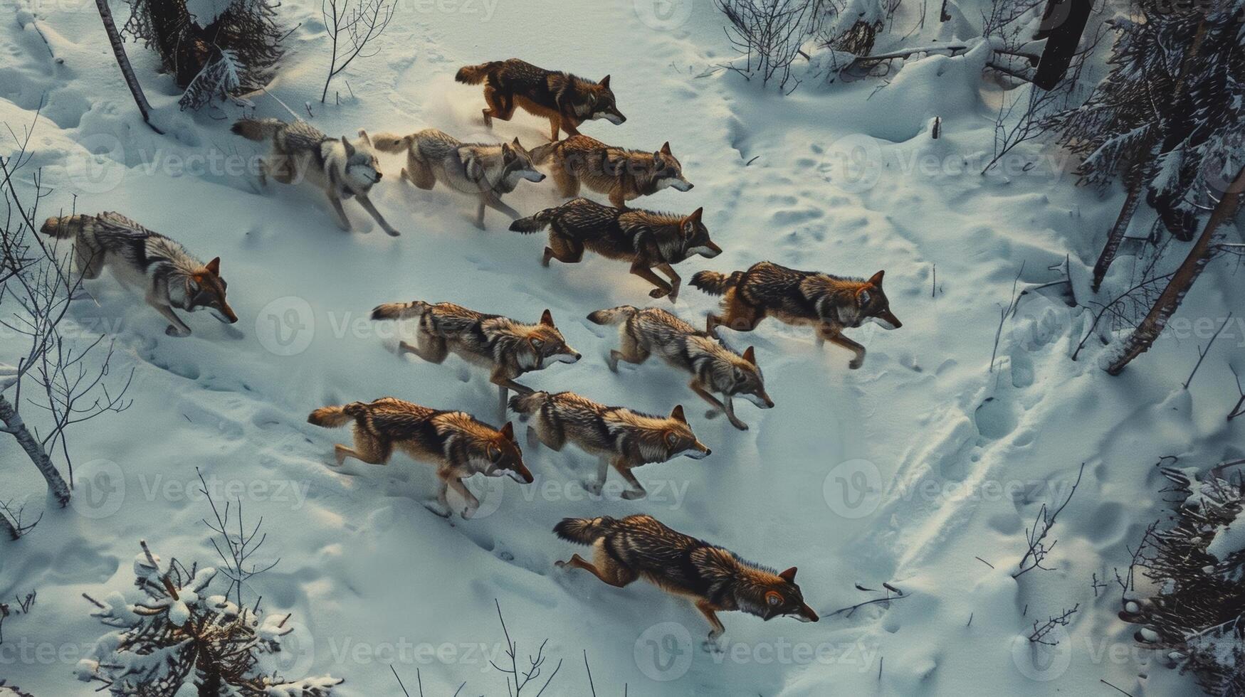 A solarpowered drone capturing footage of a pack of wolves running through the snowcovered landscape completely unaware of its presence photo