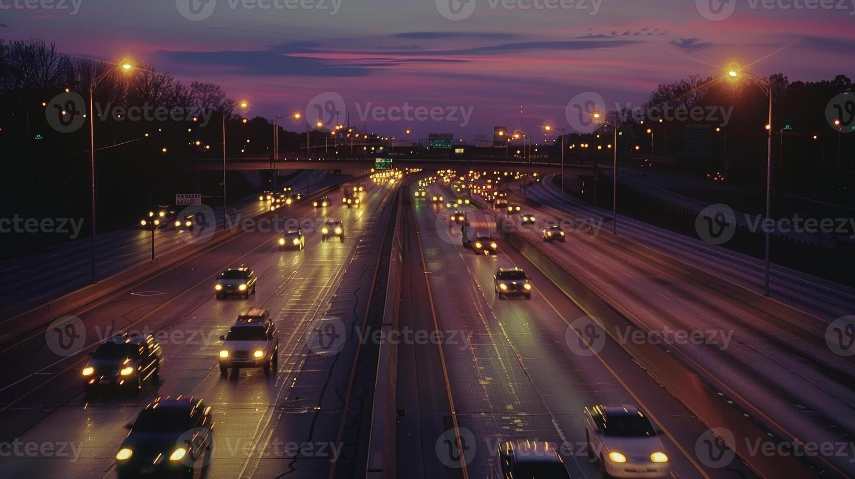 A panoramic view of a busy highway with solarpowered street lights illuminating the cars and trucks passing by photo
