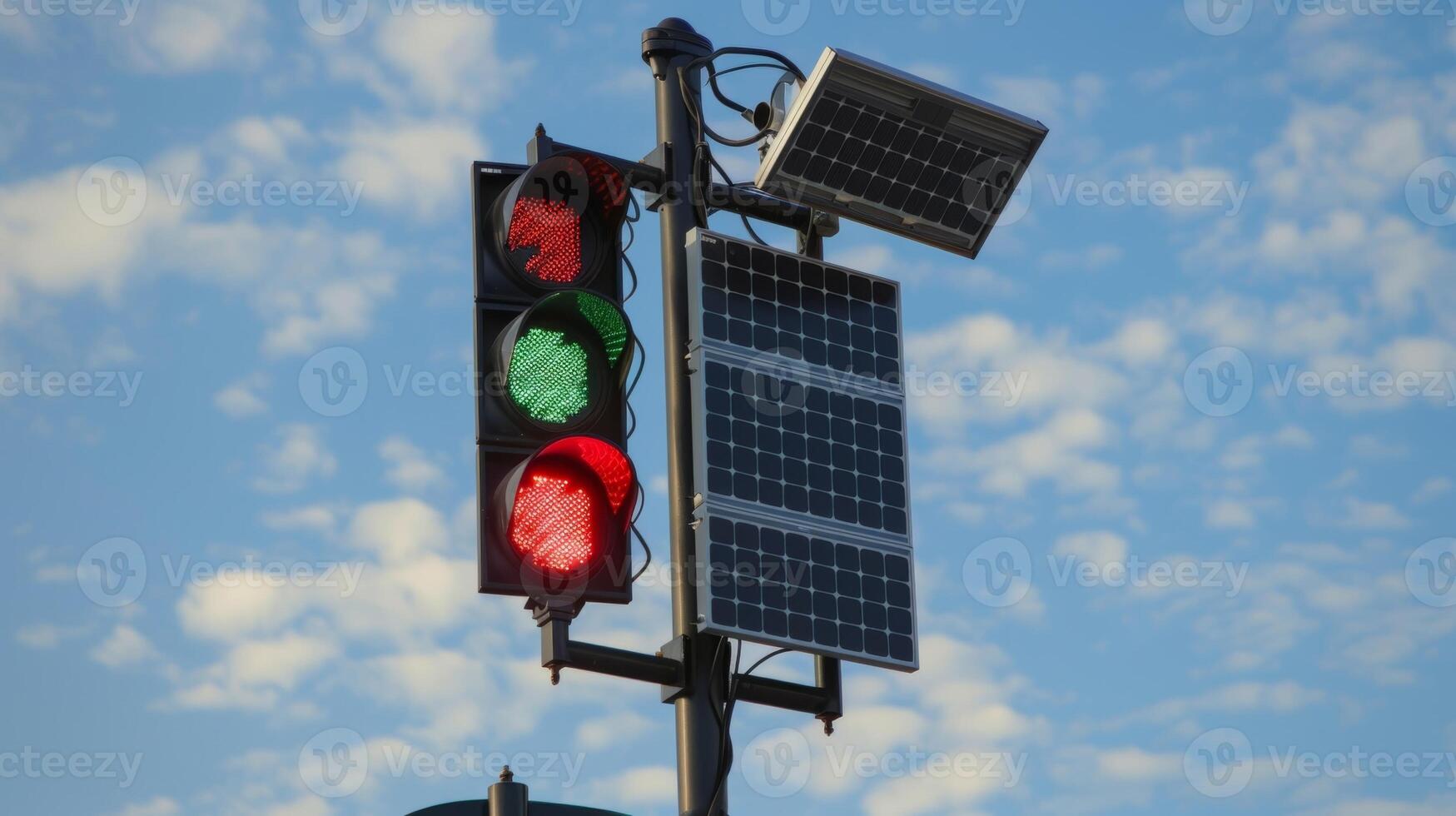 A traffic signal controller with a solar panel attached controlling the timing and sequencing of the lights photo