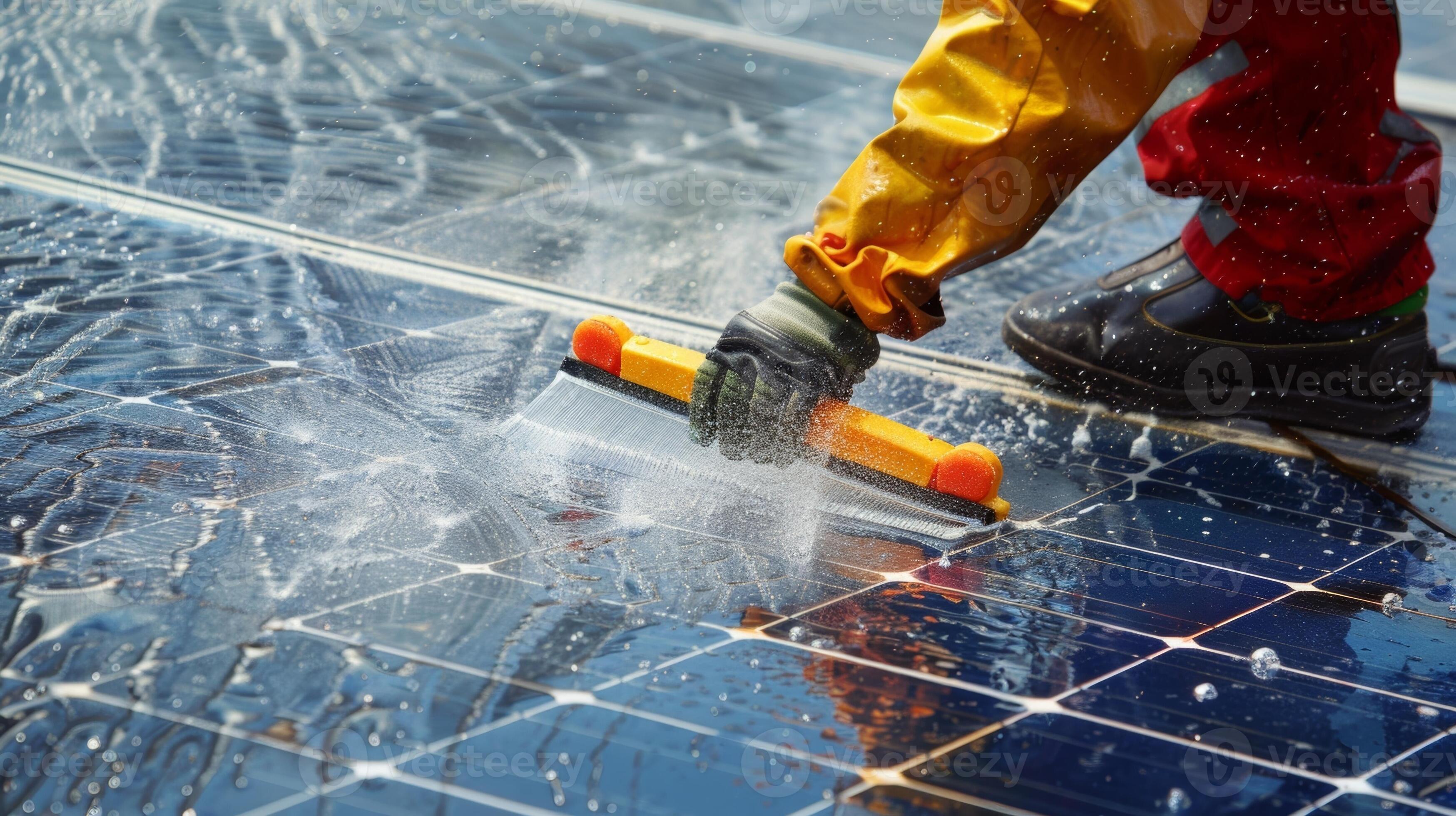 A worker using a squeegee to remove water droplets and residue from a