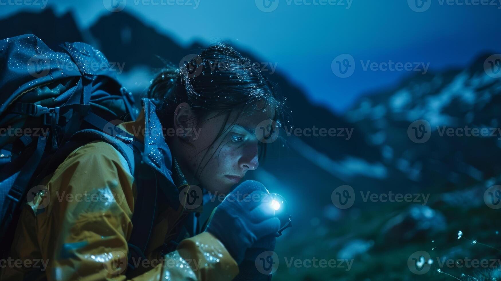 A backpacker camping in the mountains utilizing their solar backpack to charge their headlamp at night photo