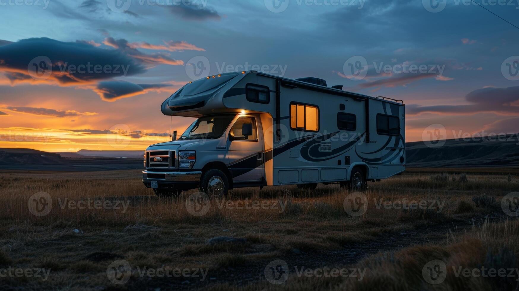 As dusk falls the RVs solarpowered lights switch on creating a cozy and inviting atmosphere inside for its occupants photo