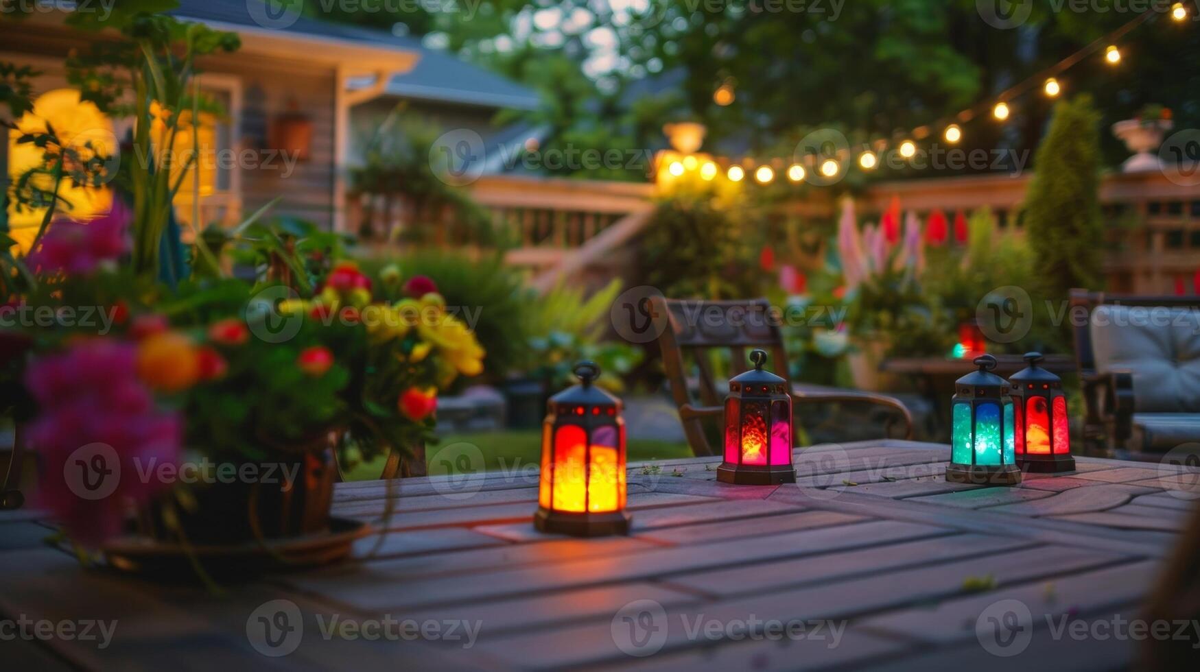 A vibrant garden patio adorned with an array of solar lights perfect for entertaining guests photo
