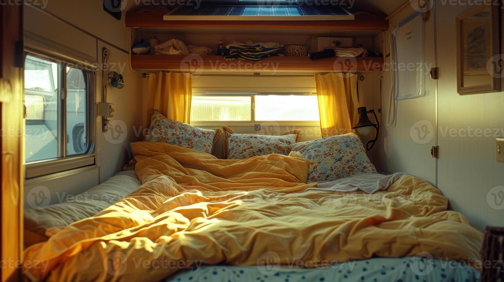 A cozy bedroom inside the RV is lit up by natural light streaming in from the solar panels on the roof photo