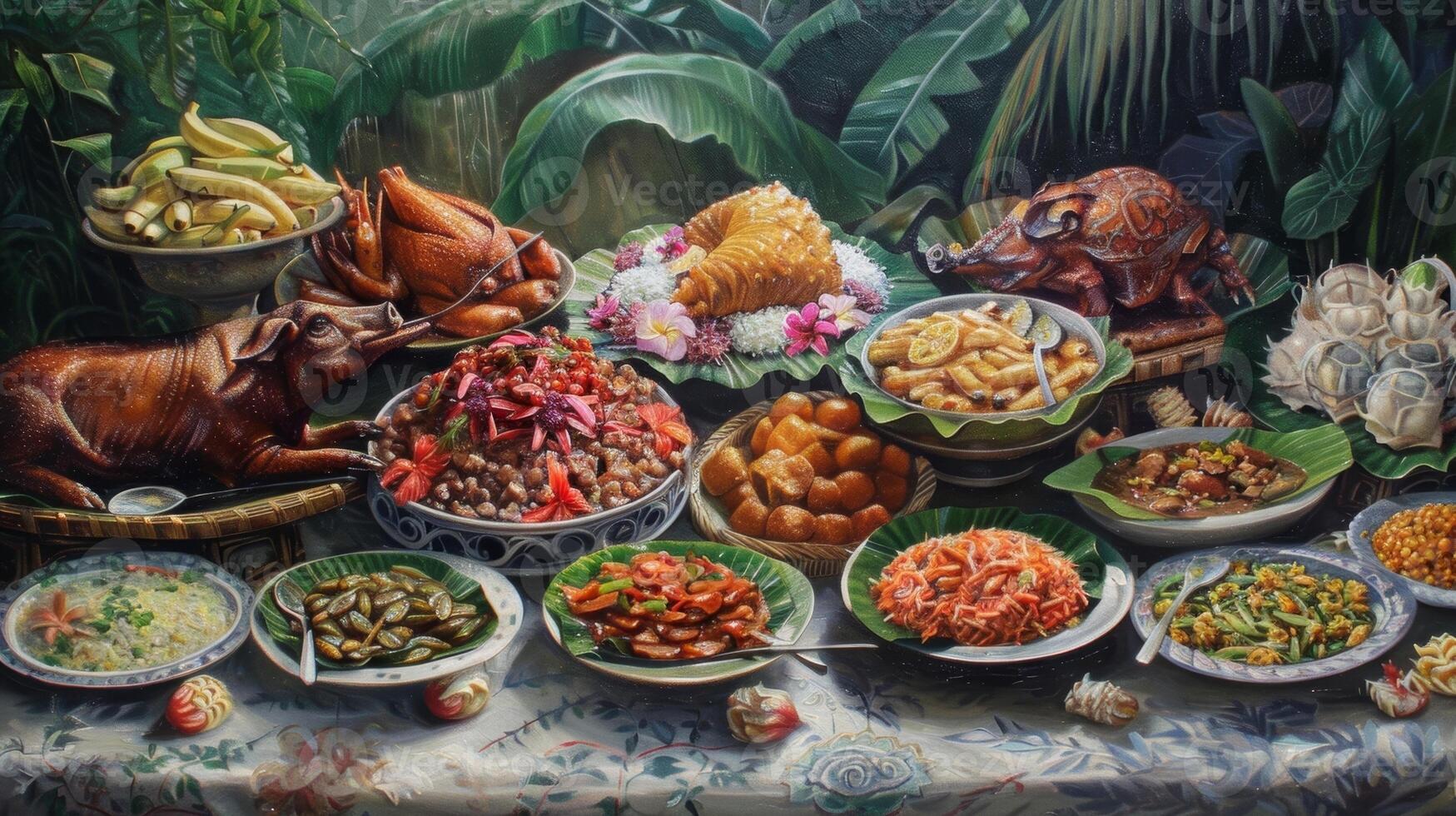 A realistic oil painting of a traditional island feast with a variety of dishes on display including roasted pig taro pudding and banana fritters photo