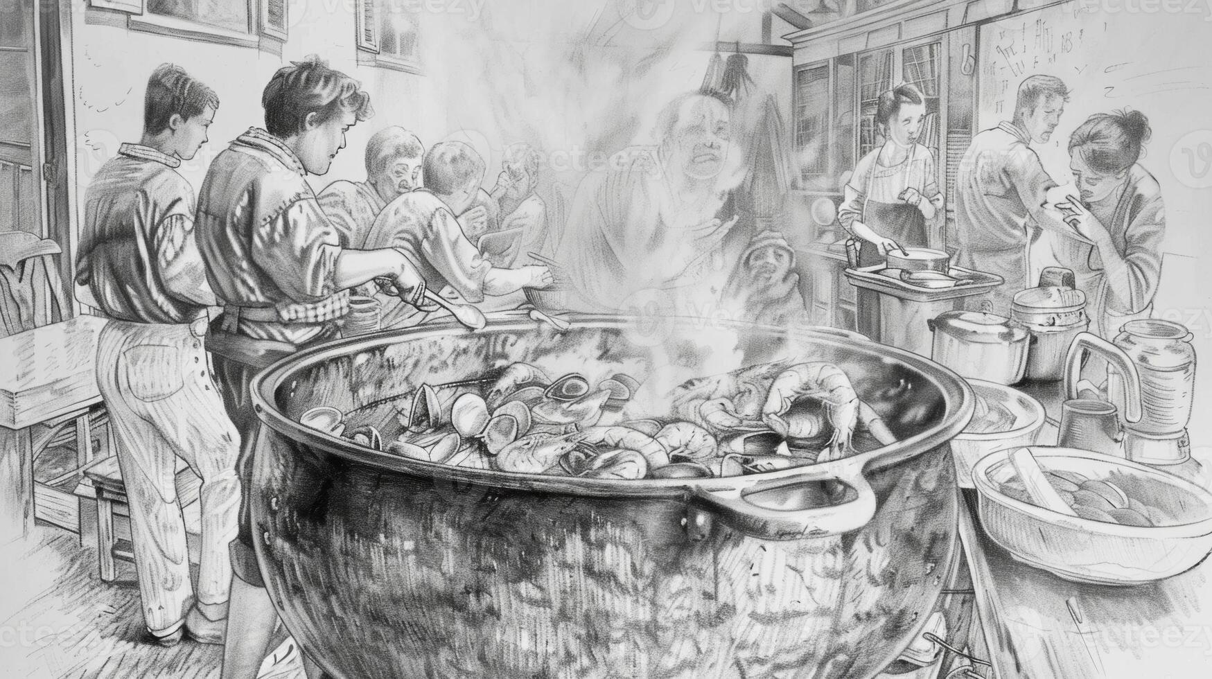A detailed pencil drawing of a family gathered around a large pot of steaming seafood stew eager to enjoy a meal together using an old family recipe photo