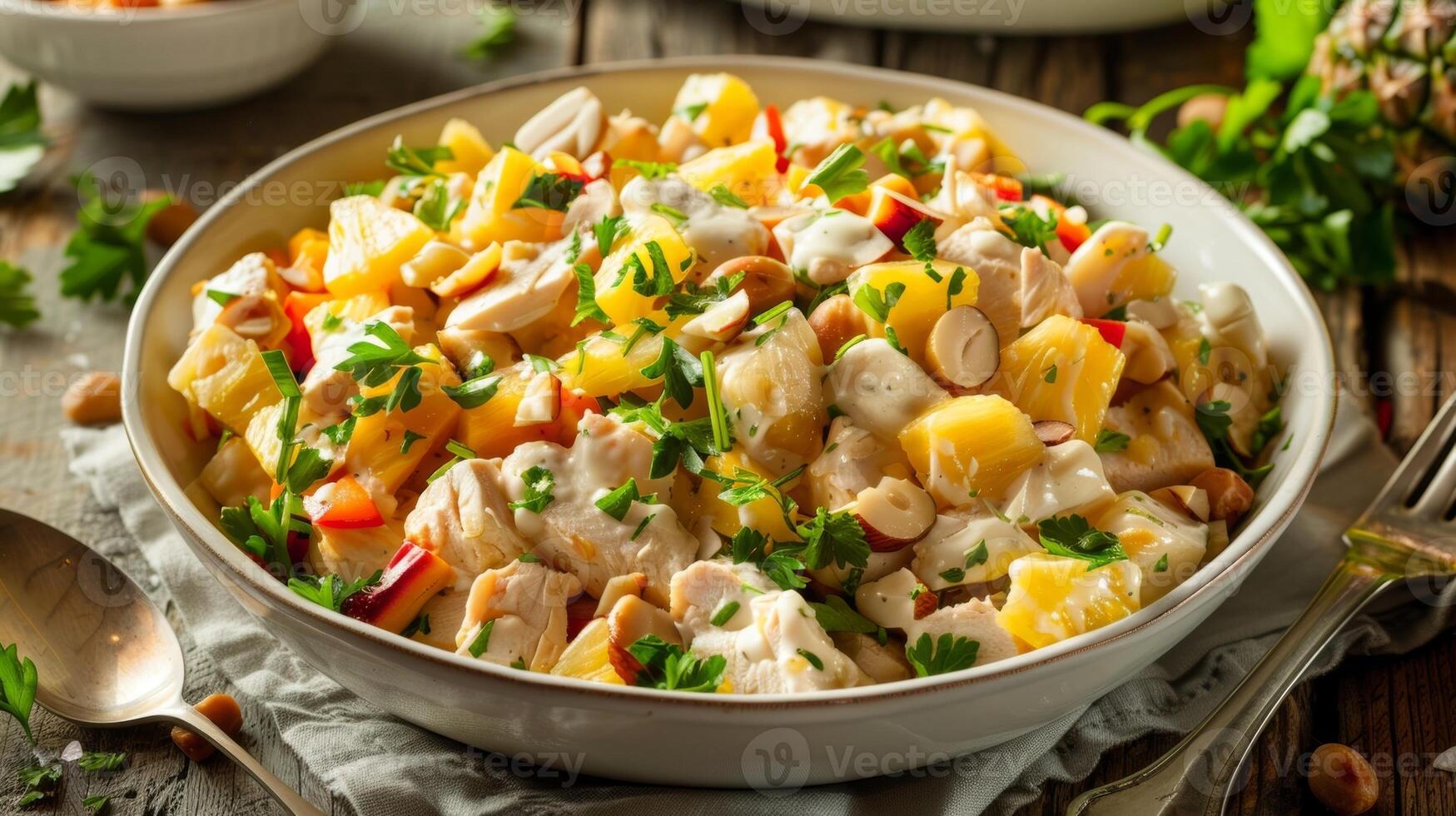 A tropical chicken salad with chunks of pineapple crunchy macadamia nuts and a creamy dressing photo