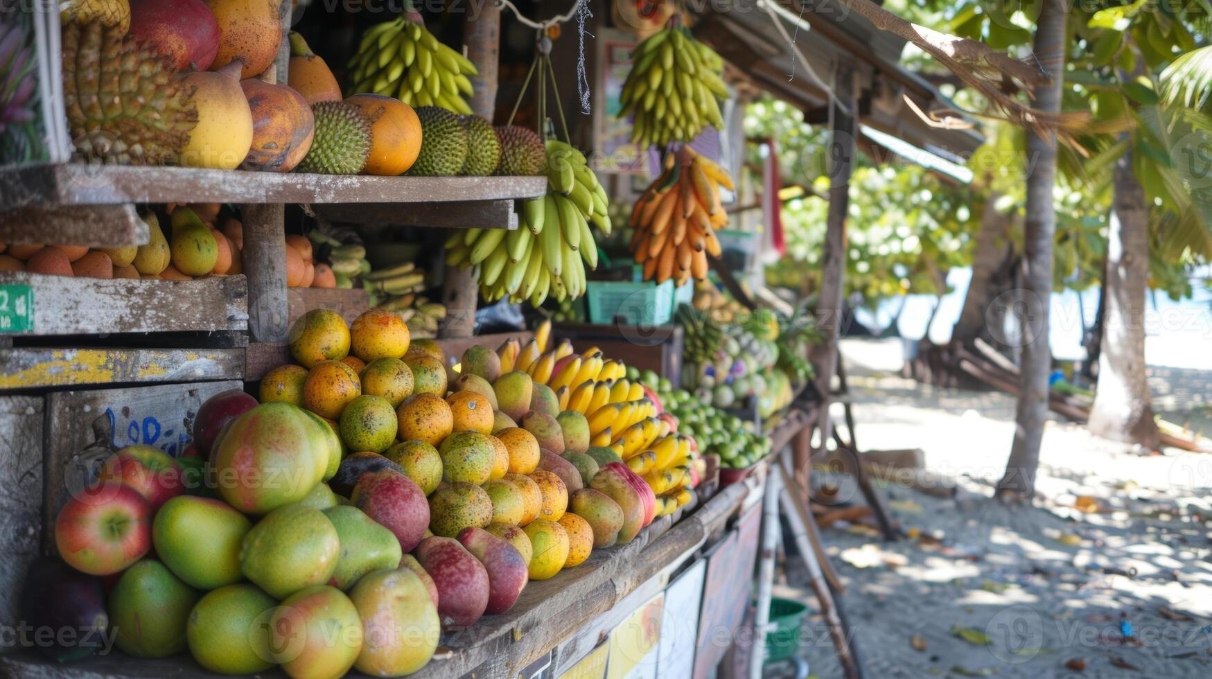 The scent of fresh fruits fills the air at this quaint beachside fruit stand photo