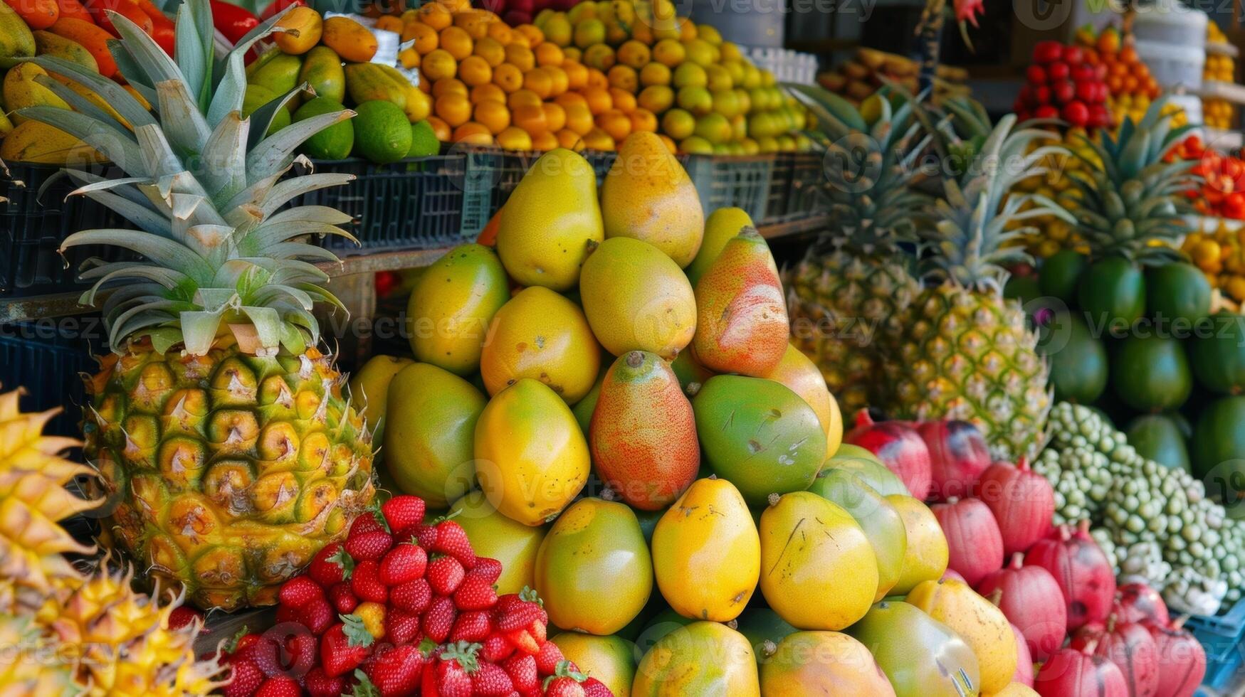 Tropical fruits galore at this seaside fruit stand photo