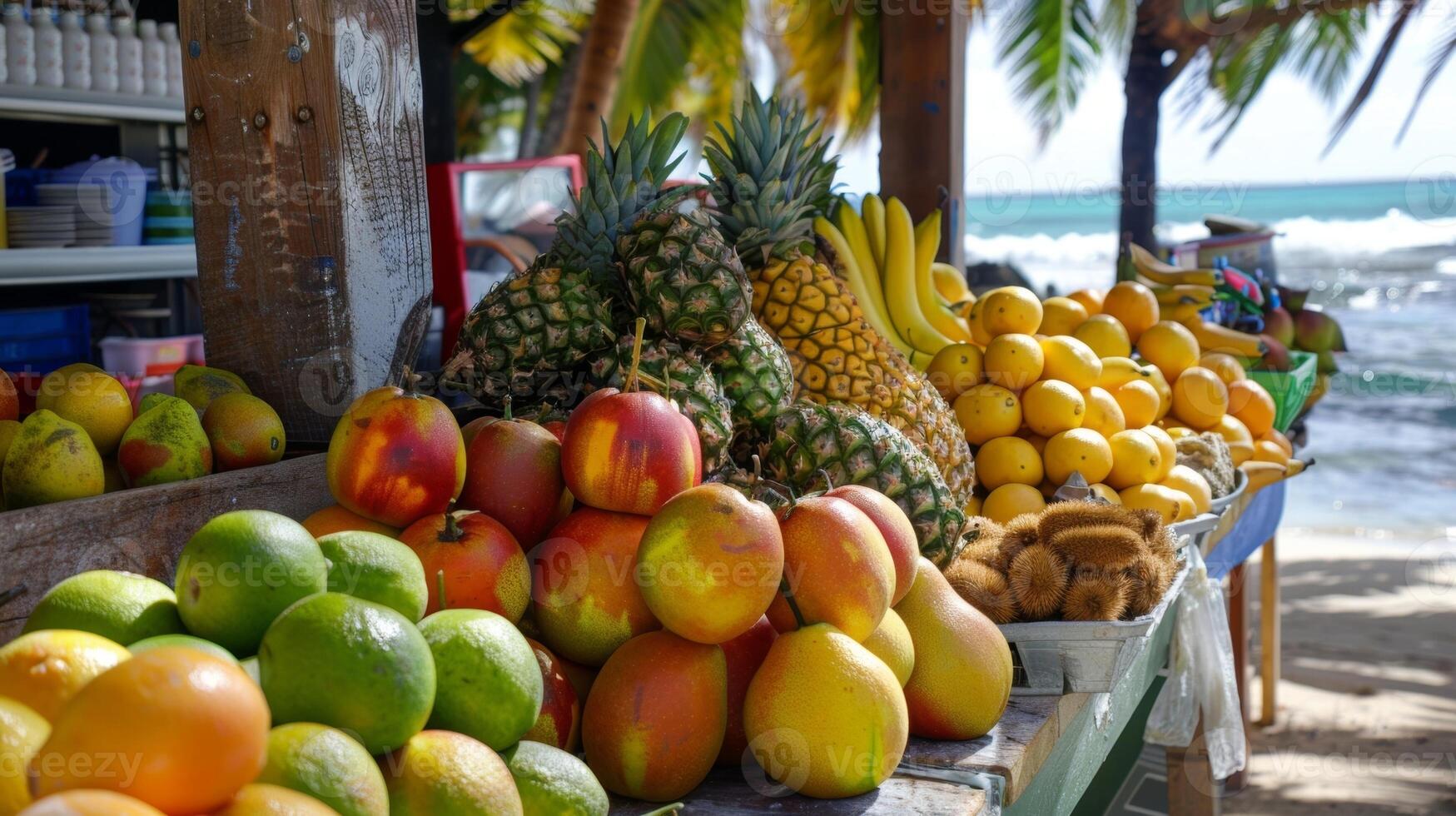 A refreshing break from the sun at the beach fruit stand offering an array of tropical flavors photo