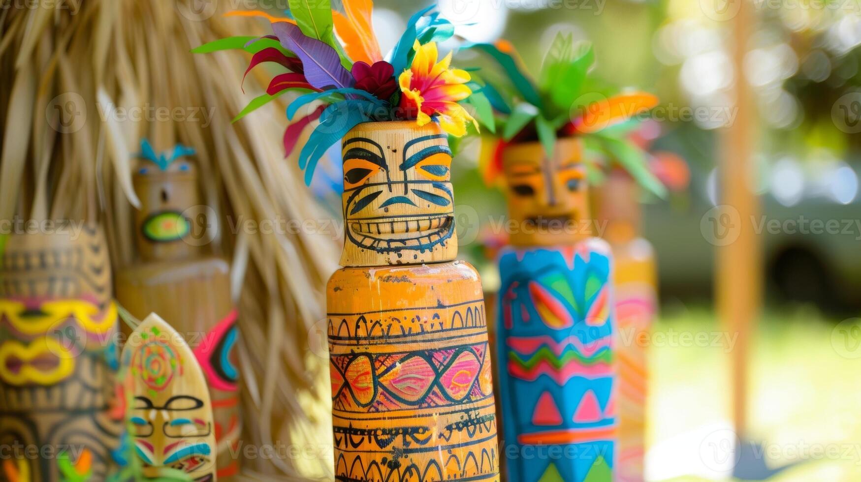 Tikithemed decorations including grass skirts and surfboards give the beach barbecue party a fun and festive vibe photo