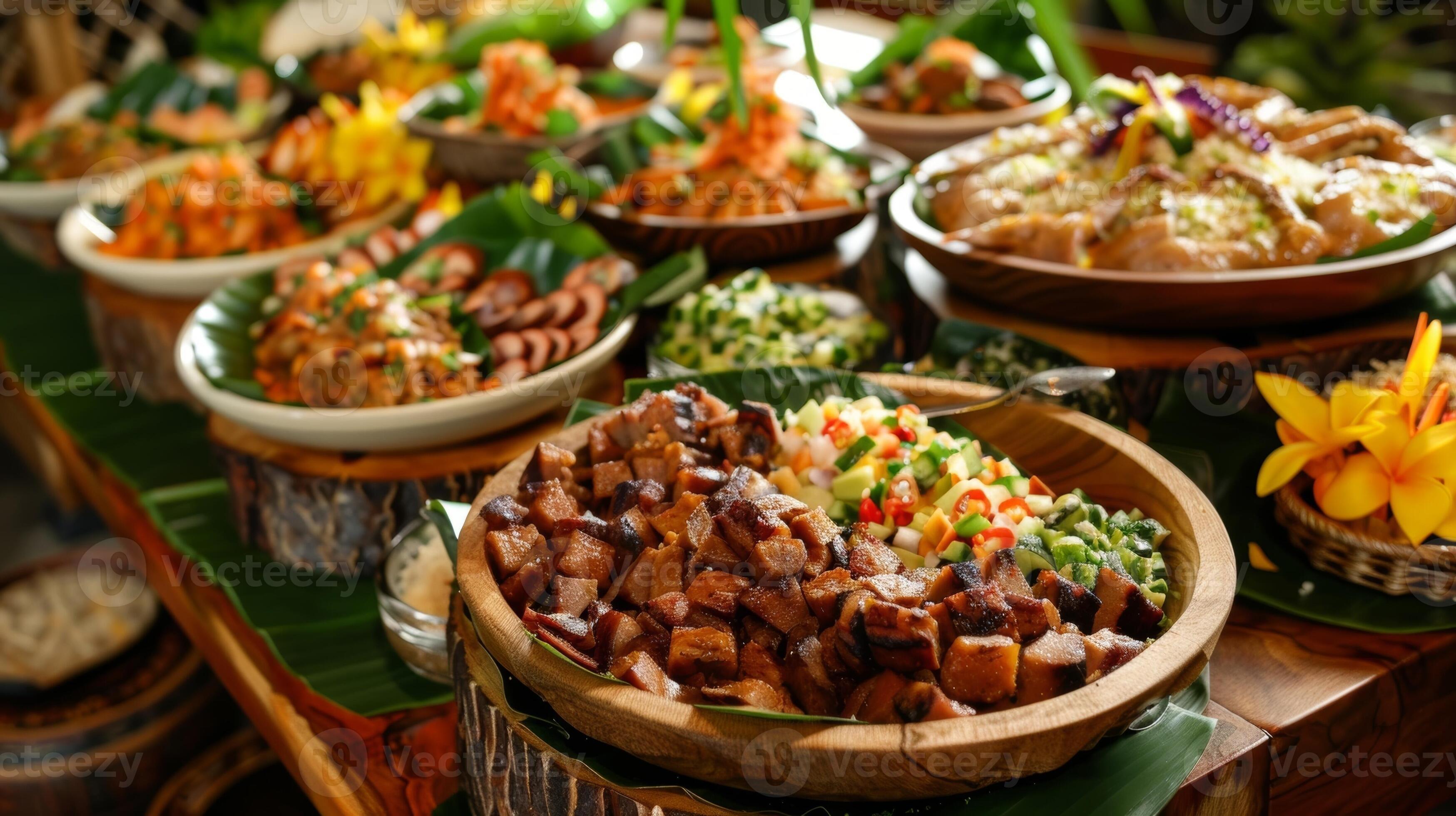 A traditional Hawaiian luaustyle buffet overflowing with dishes such as