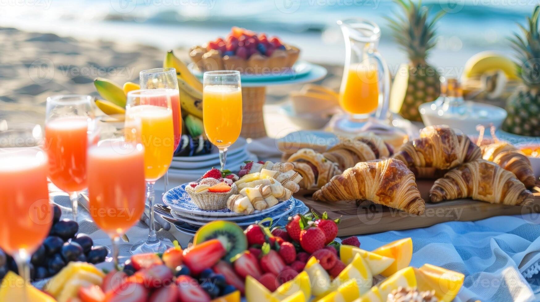 A beach picnic with a DIY mimosa bar colorful fruit platters and a variety of pastries and croissants photo