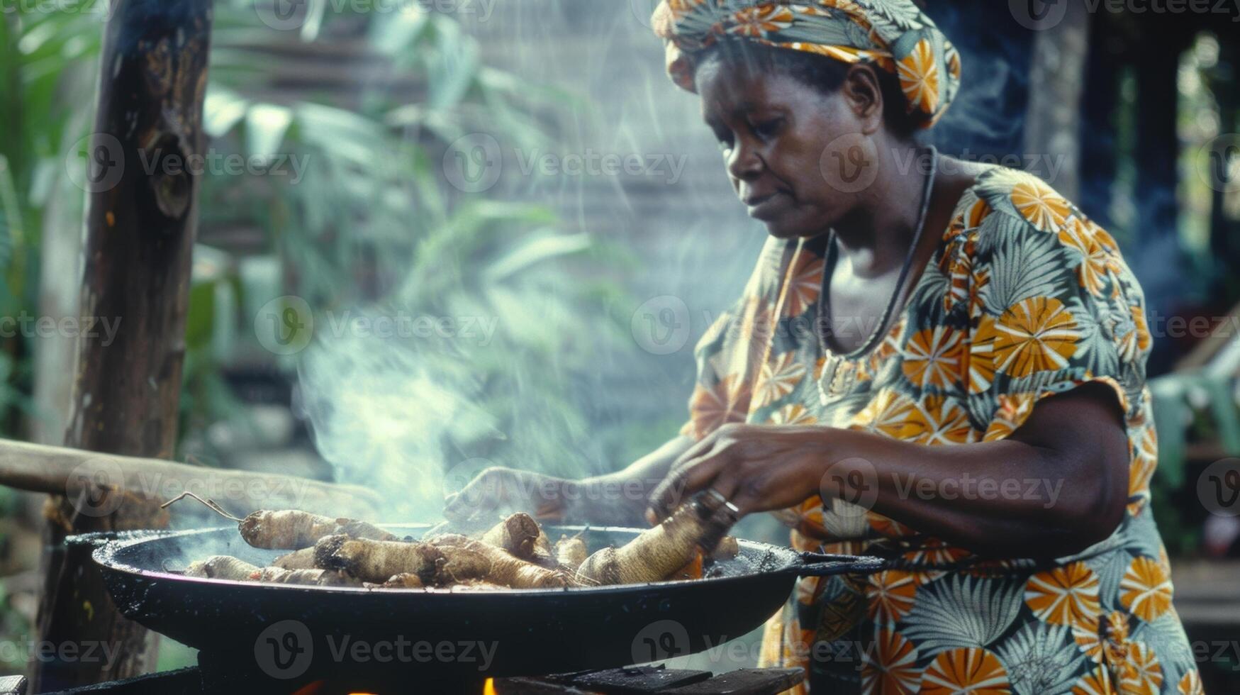 A woman skillfully balancing a tray of steaming hot cassava root a staple side dish at many island cookouts photo