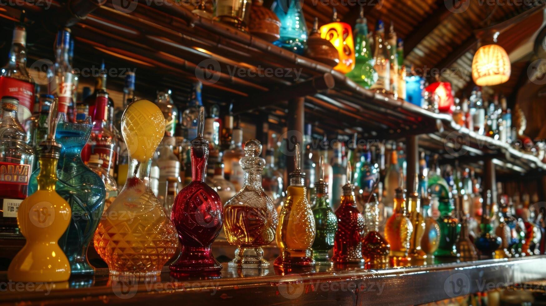 A shelf behind the bar lined with various tropical liquors ready to be mixed into delicious cocktails photo