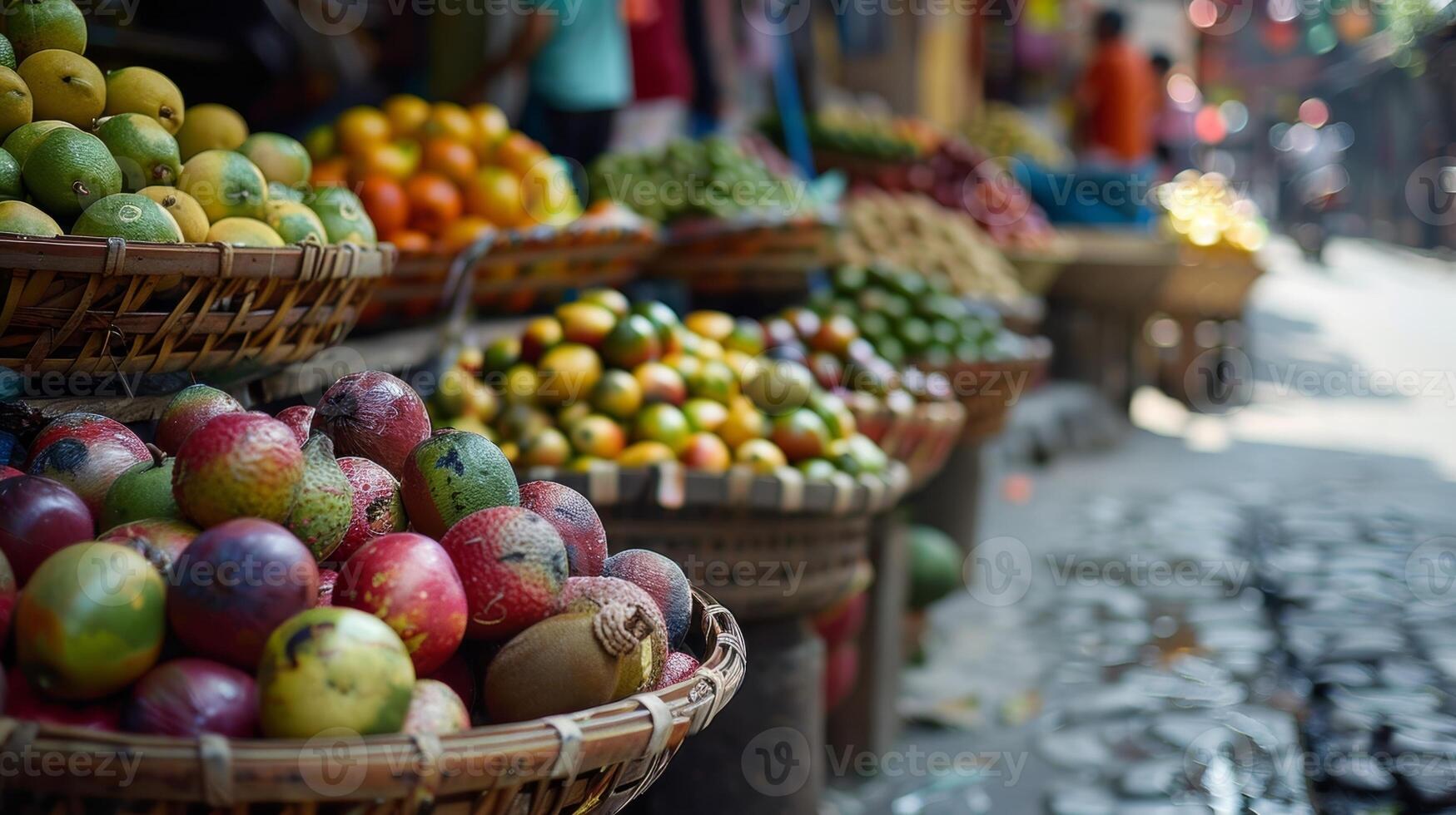 The air is filled with a sweet and tangy aroma as baskets of exotic fruits line the streets ready to be sold at the festival photo