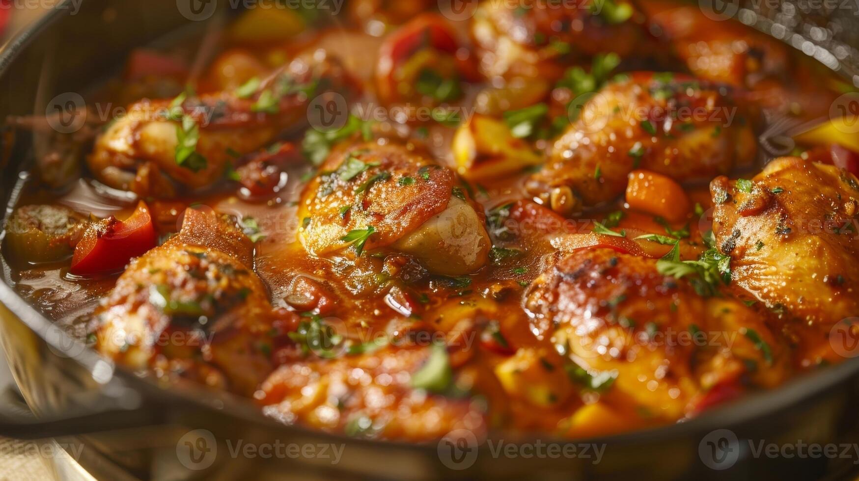 A pot of fragrant Caribbeanstyle chicken simmering on the stove infused with a homemade e blend photo