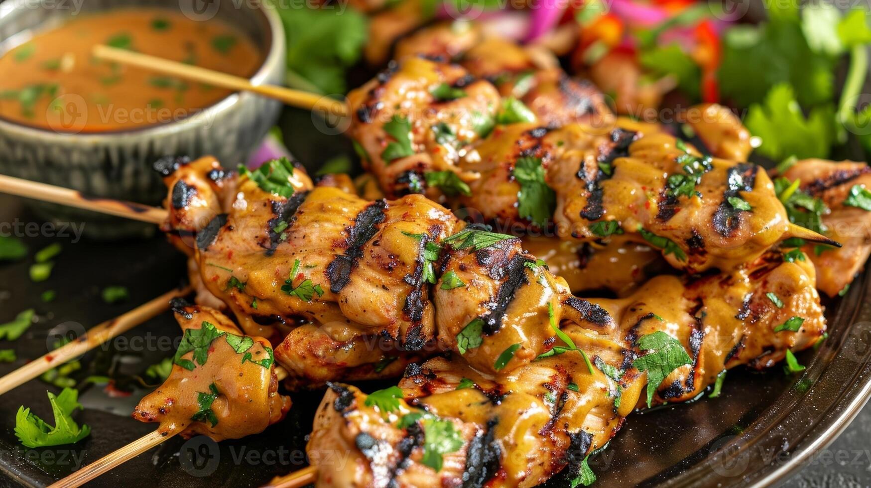 A platter of skewered chicken satay with a coconutbased peanut sauce for dipping photo