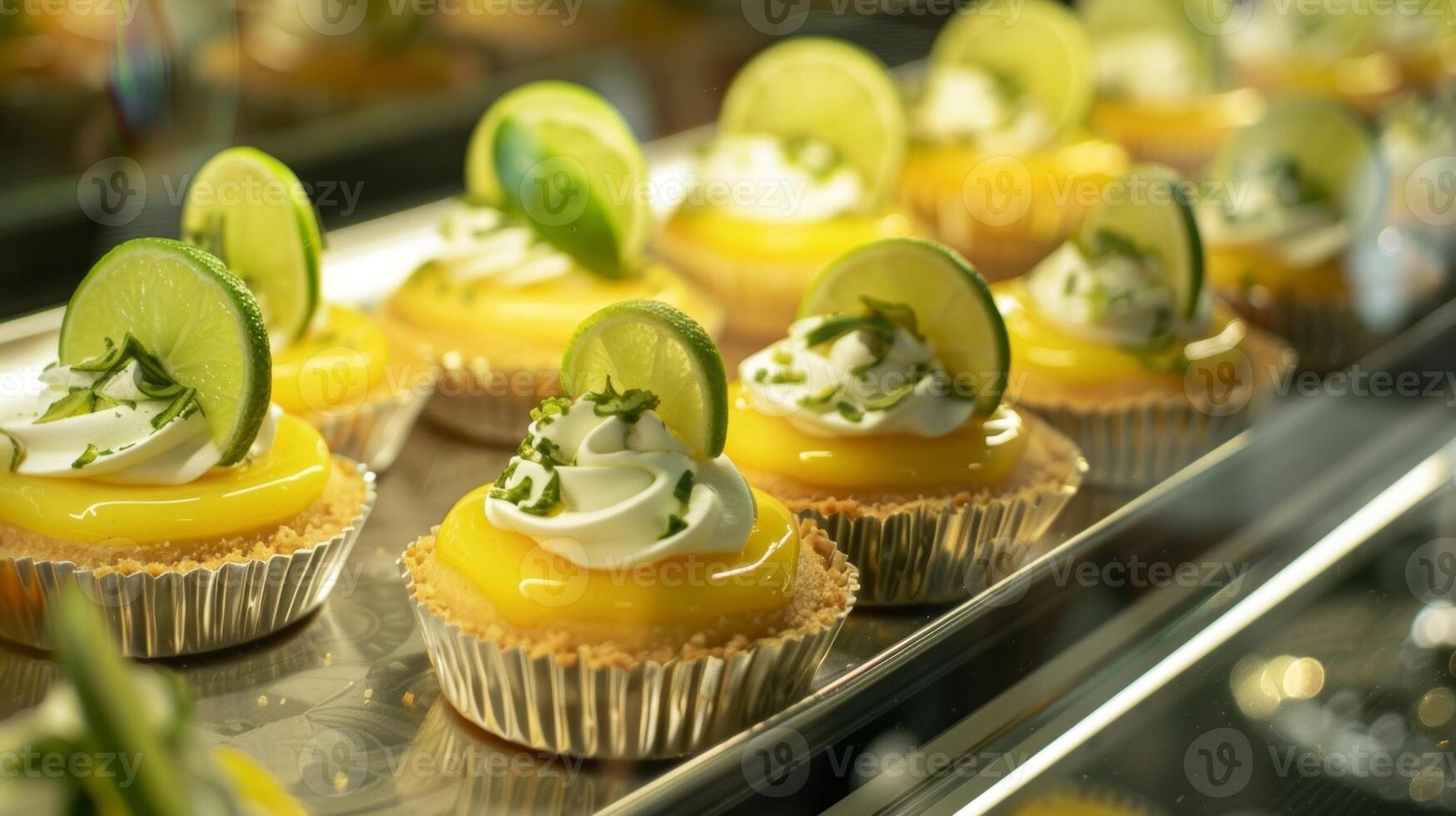 A display case filled with tropicalthemed pe fours such as bitesized key lime tarts and passionfruit cheesecake bites draws the attention of diners at the restaurant photo