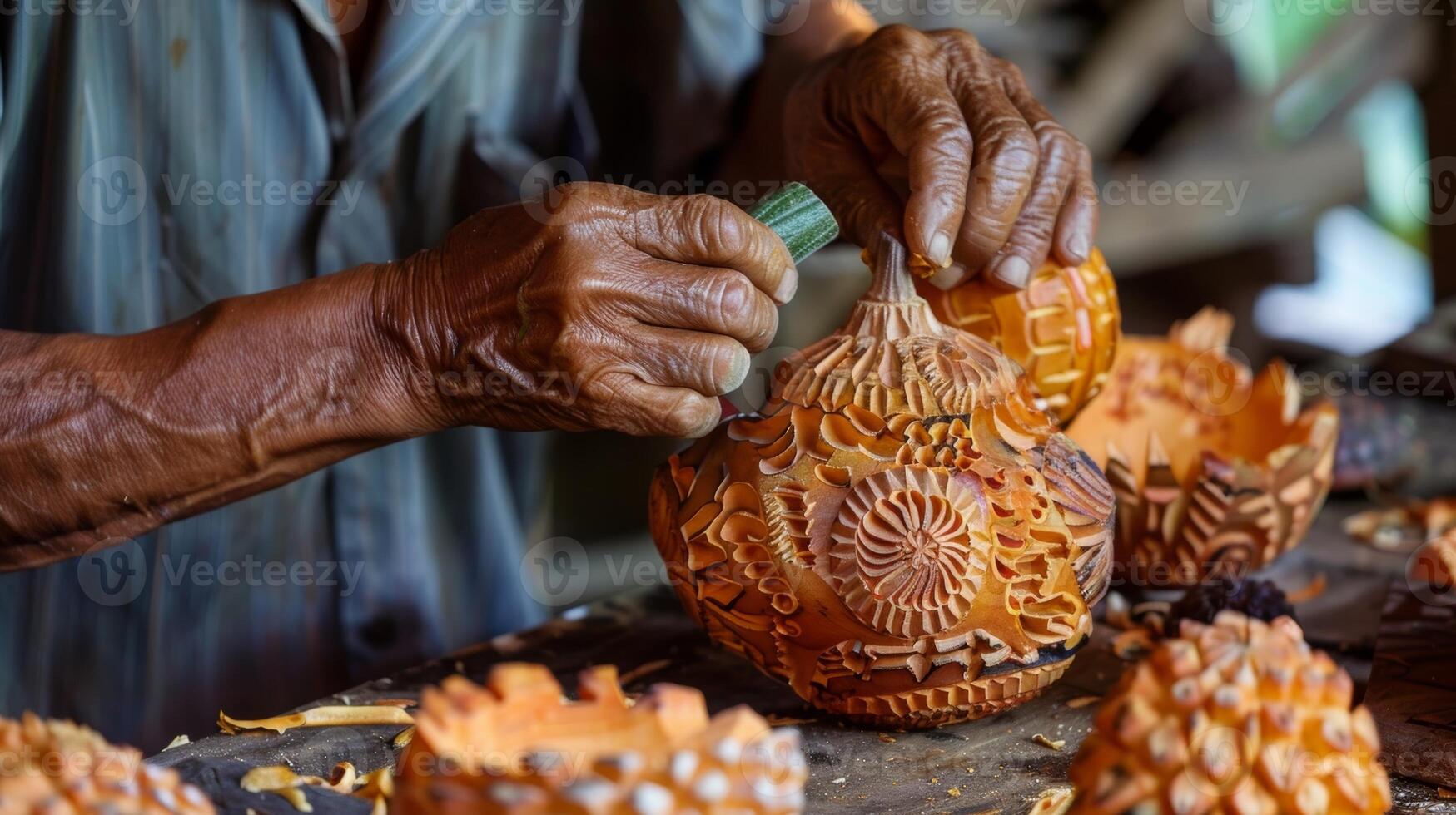 The careful attention to detail displayed by the artisans as they delicately carve patterns and designs onto various fruits photo