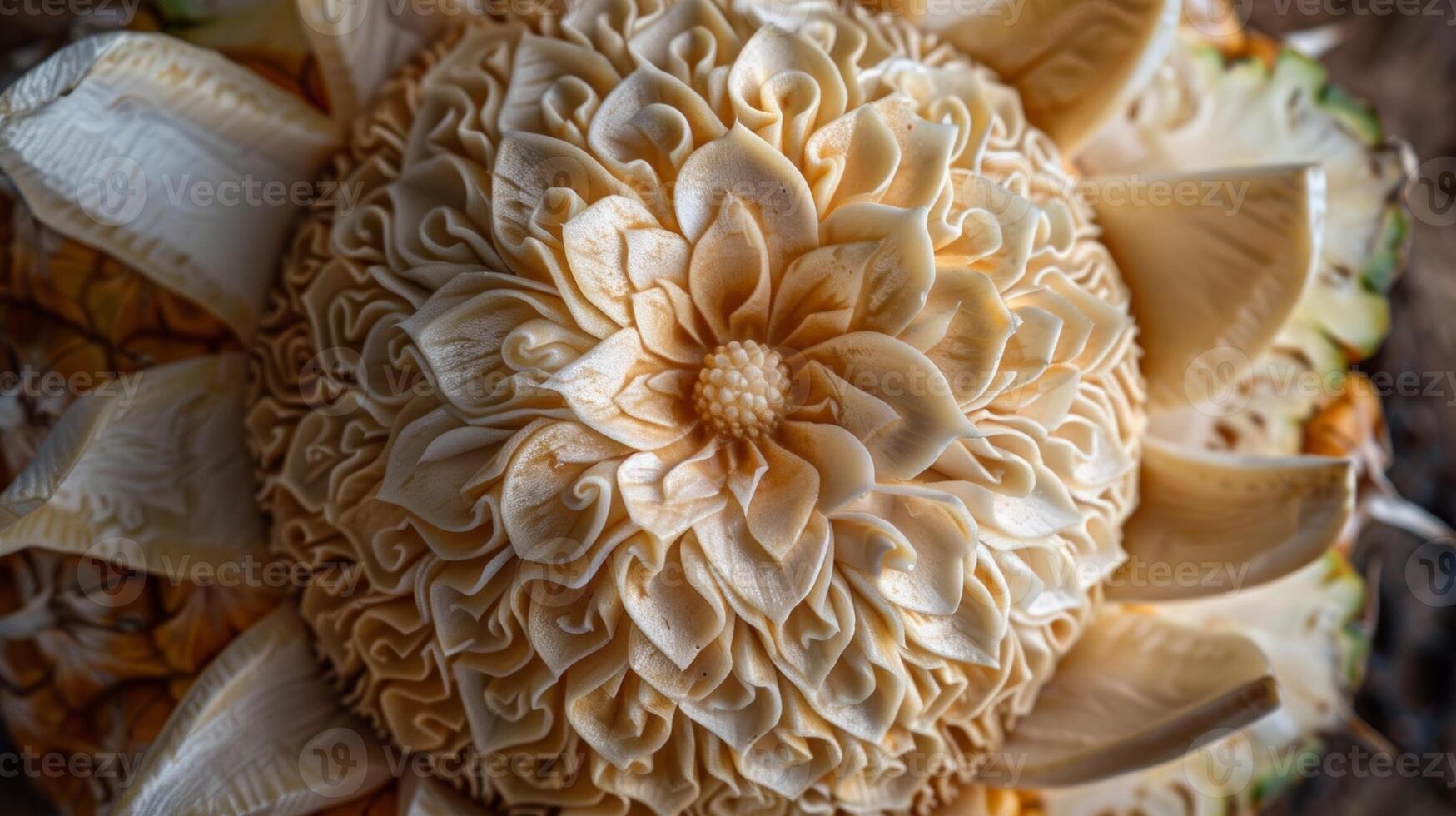 A closeup of a carved pineapple resembling a blooming flower with perfect symmetry and intricate details photo