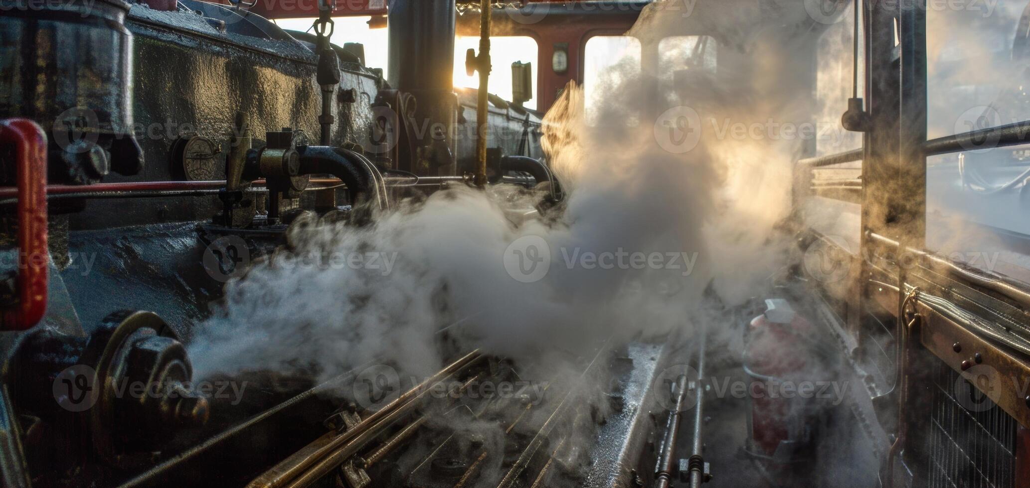 A cloud of steam surrounds the marine diesel engine as it cranks to life after being started photo